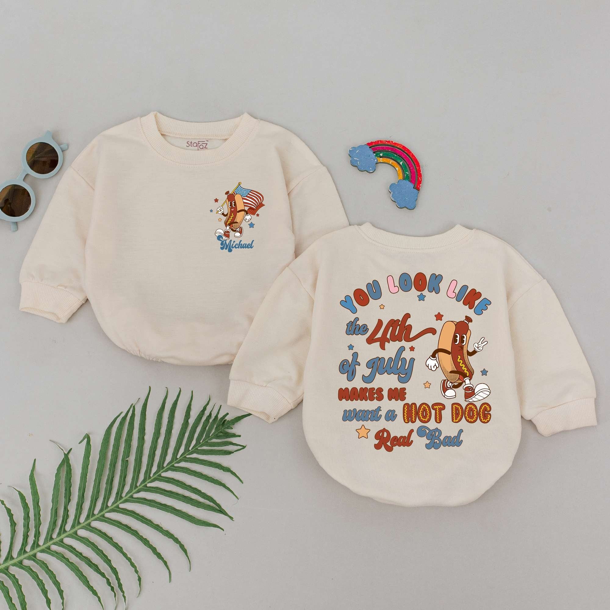 Patriotic Baby Romper with Hot Dog Character Fun First 4th of July Outfit Infant USA Clothes Custom Name Cotton Comfortable Gift