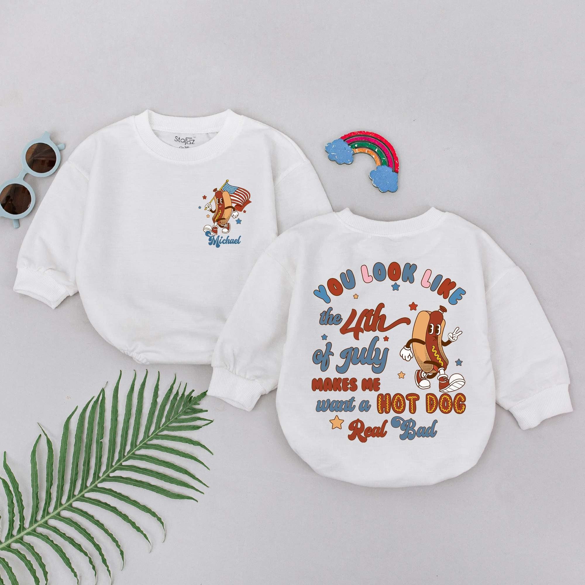 Patriotic Baby Romper with Hot Dog Character Fun First 4th of July Outfit Infant USA Clothes Custom Name Cotton Comfortable Gift