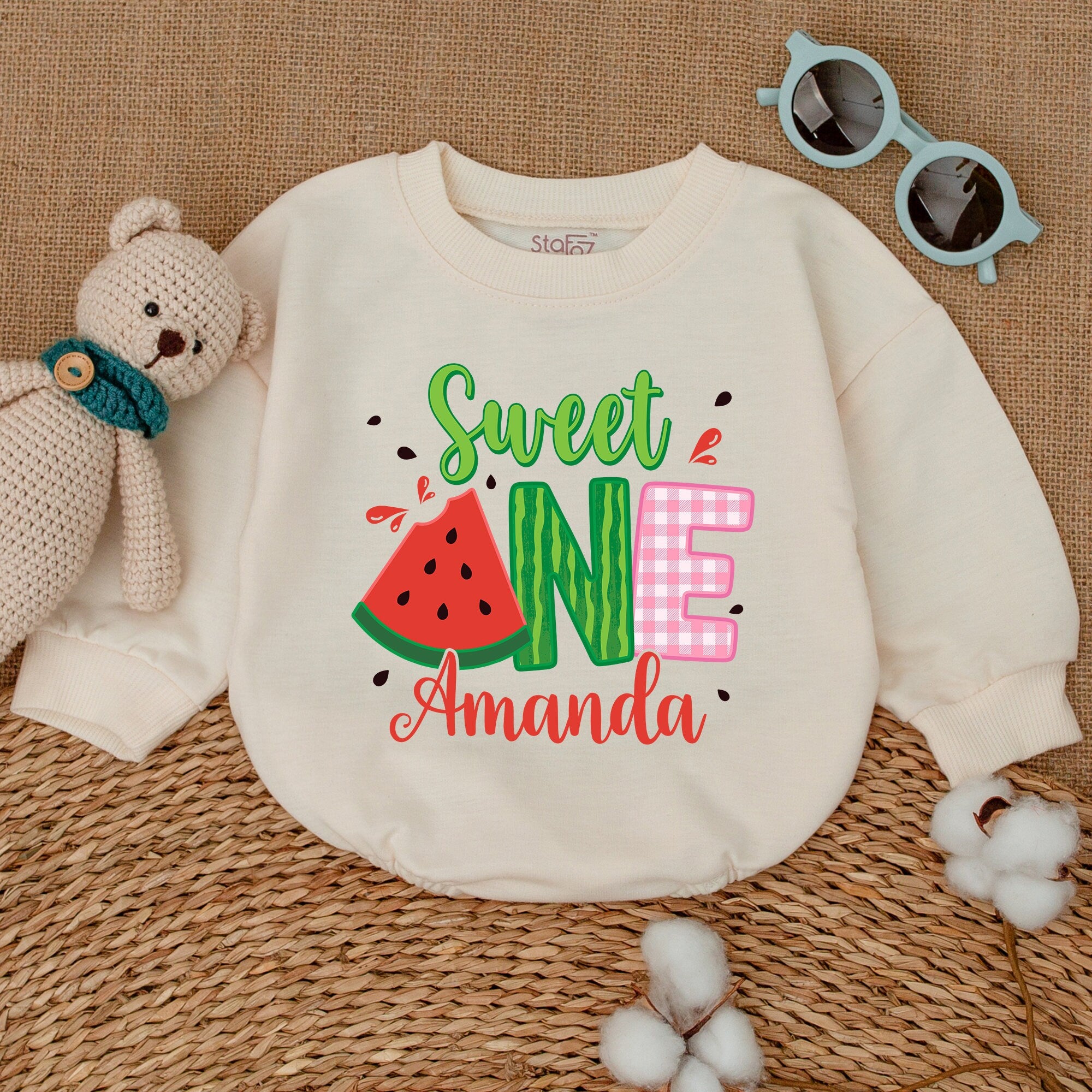Personalized Sweet One Watermelon Romper Baby Girl Birthday Outfit, Soft Cotton Smash Cake Bodysuit Custom Name Party Gift