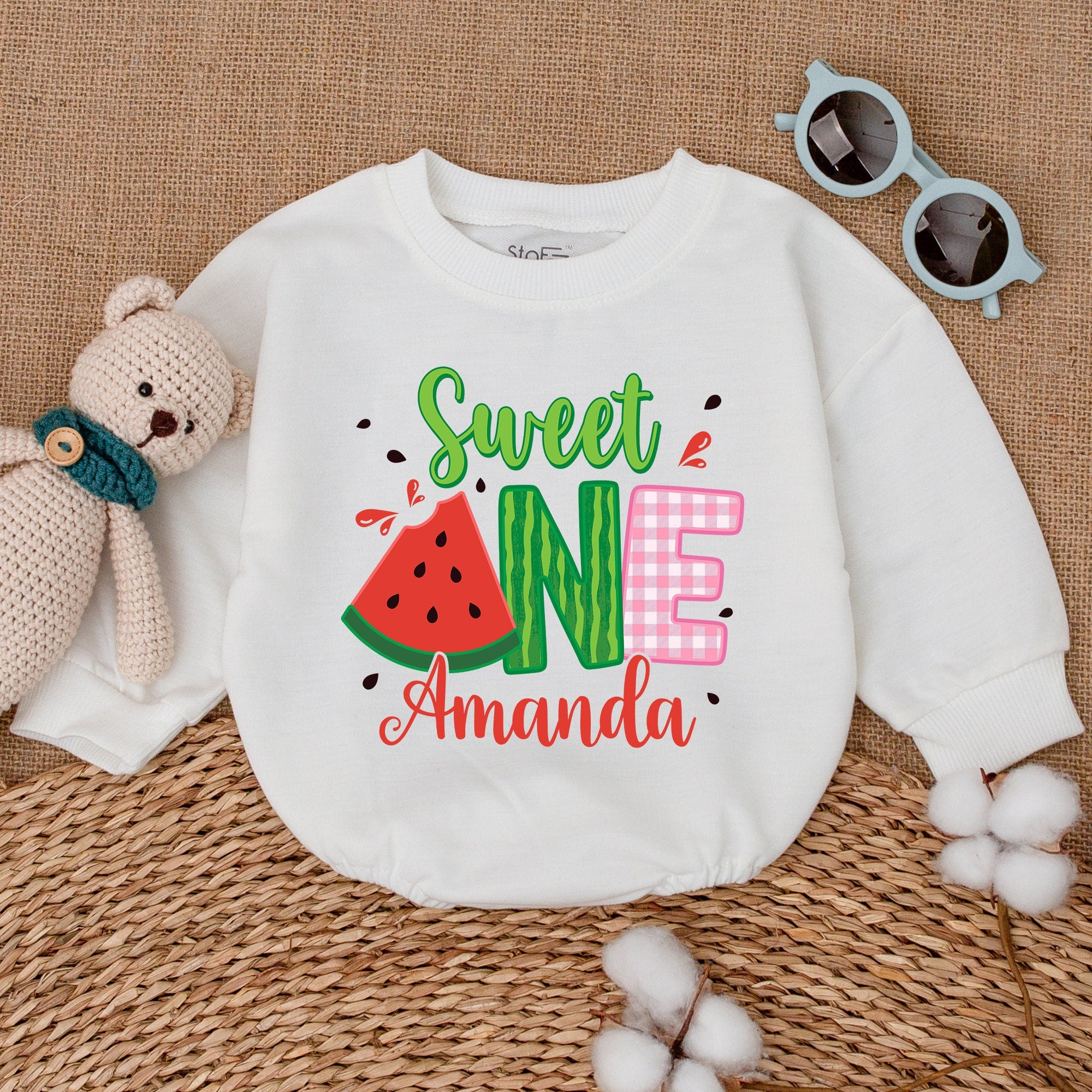 Personalized Sweet One Watermelon Romper Baby Girl Birthday Outfit, Soft Cotton Smash Cake Bodysuit Custom Name Party Gift