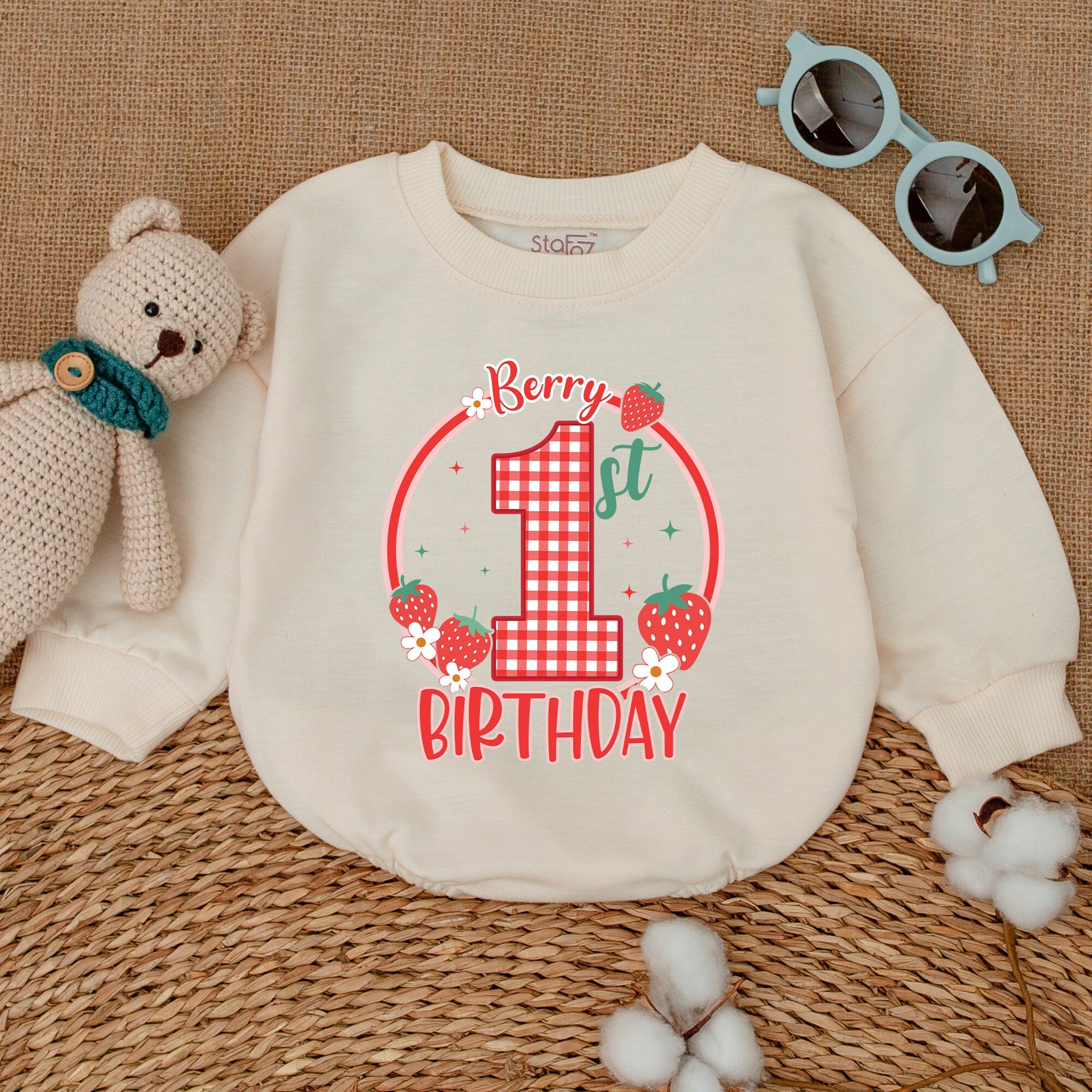 Berry 1st Birthday Romper with Red Gingham Number and Strawberries Baby Girl Outfit First Birthday Smash Cake Cotton Gift