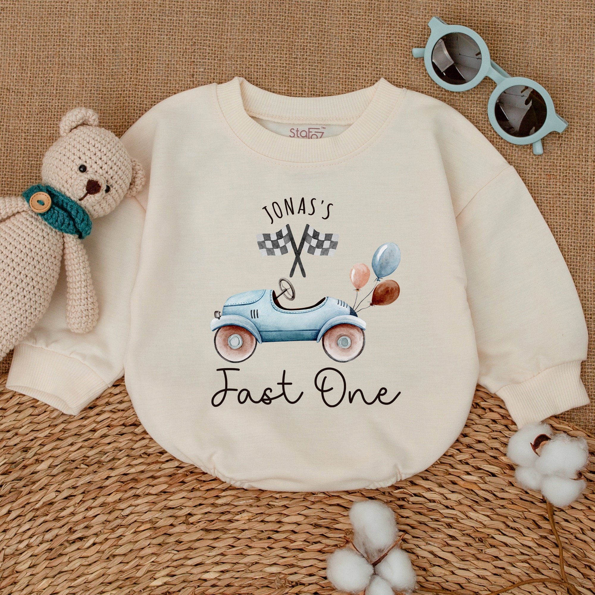 Personalized Fast One Baby Romper with Vintage Race Car and Checkered Flags Design Ideal for First Birthday or Baby Shower Gift