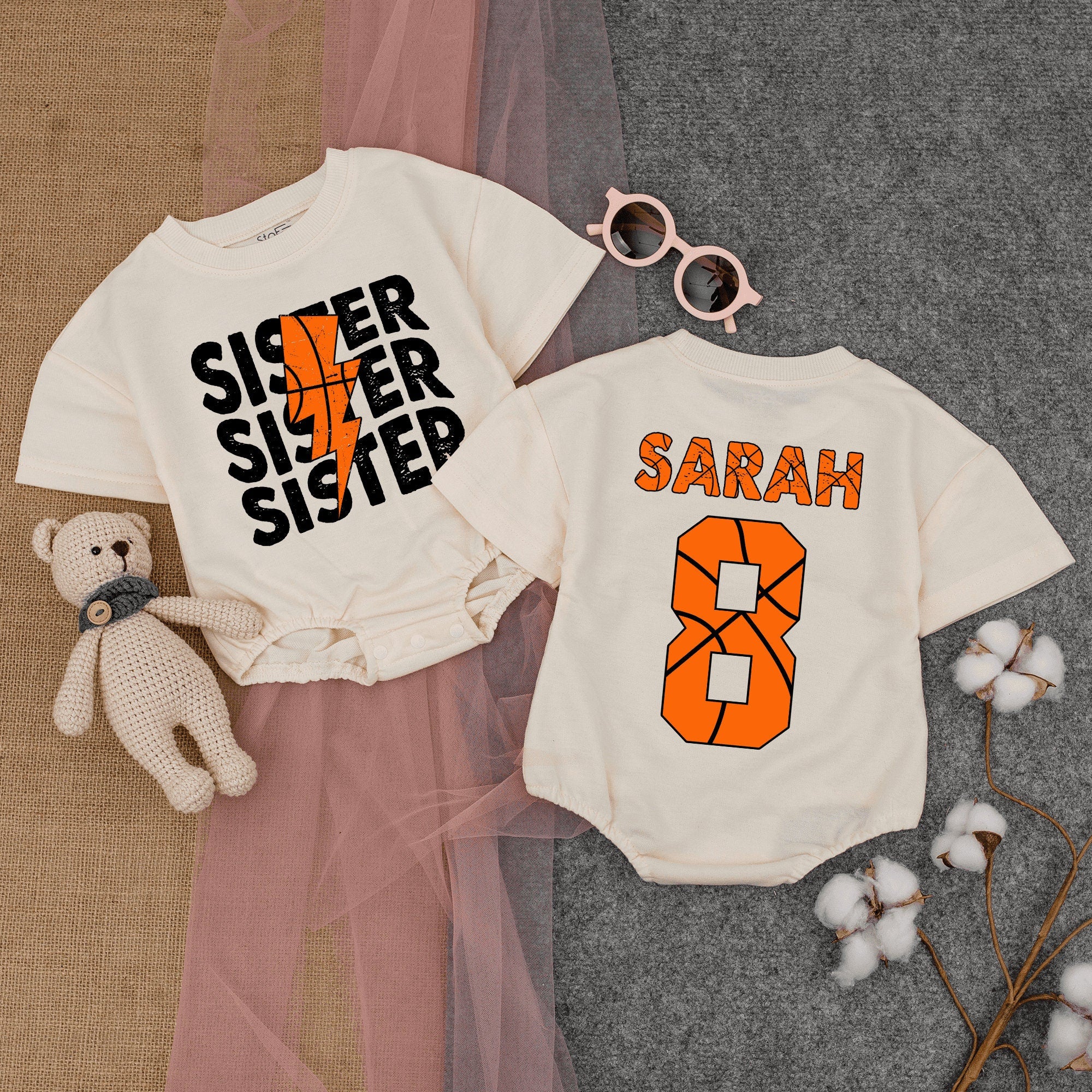 Sister Sister Sister Basketball Romper for Baby Girls Soft Cotton Game Day Outfit Infant Bodysuit Sporty Birthday Gift Sarah Design
