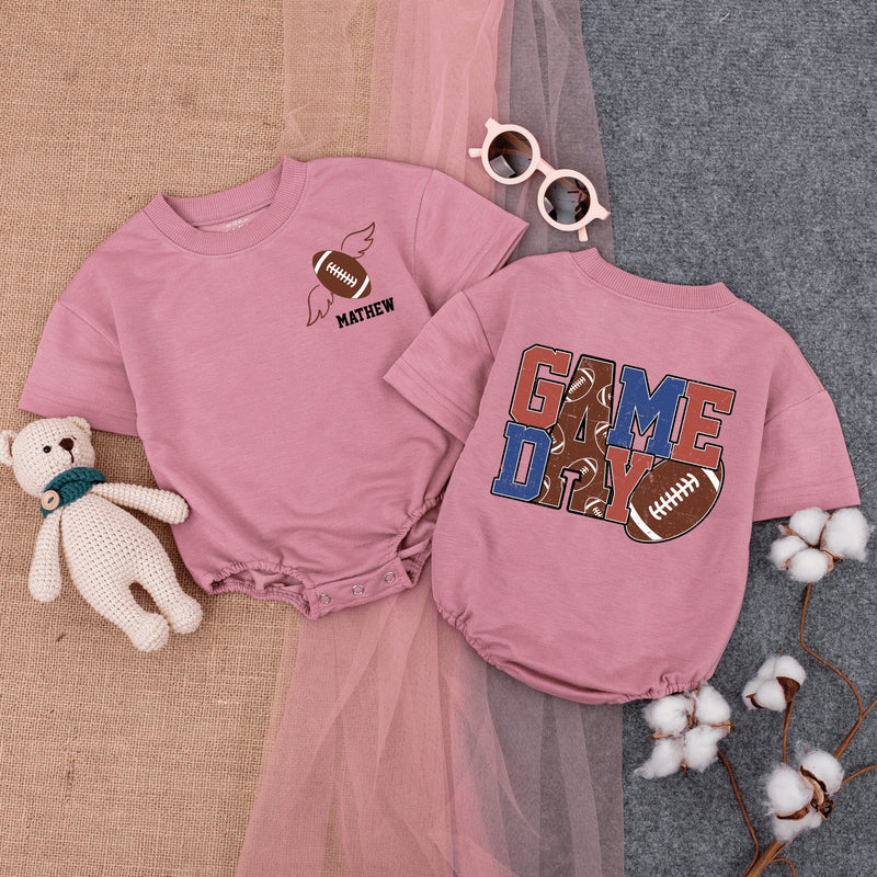 Football Game Day Baby Romper with Wings Customizable Text Infant Bodysuit Fun Sporty Outfit Vibrant Colors Soft Cotton Comfortable