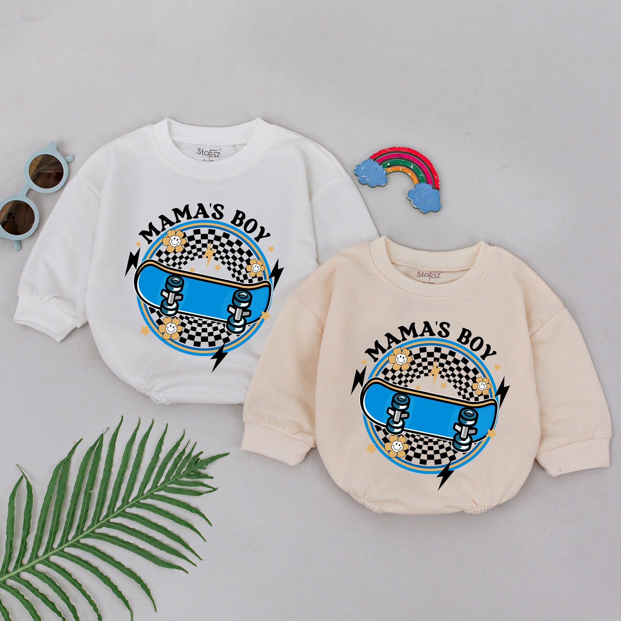 Mama's Boy Skateboard Romper with Bold Graphic Design