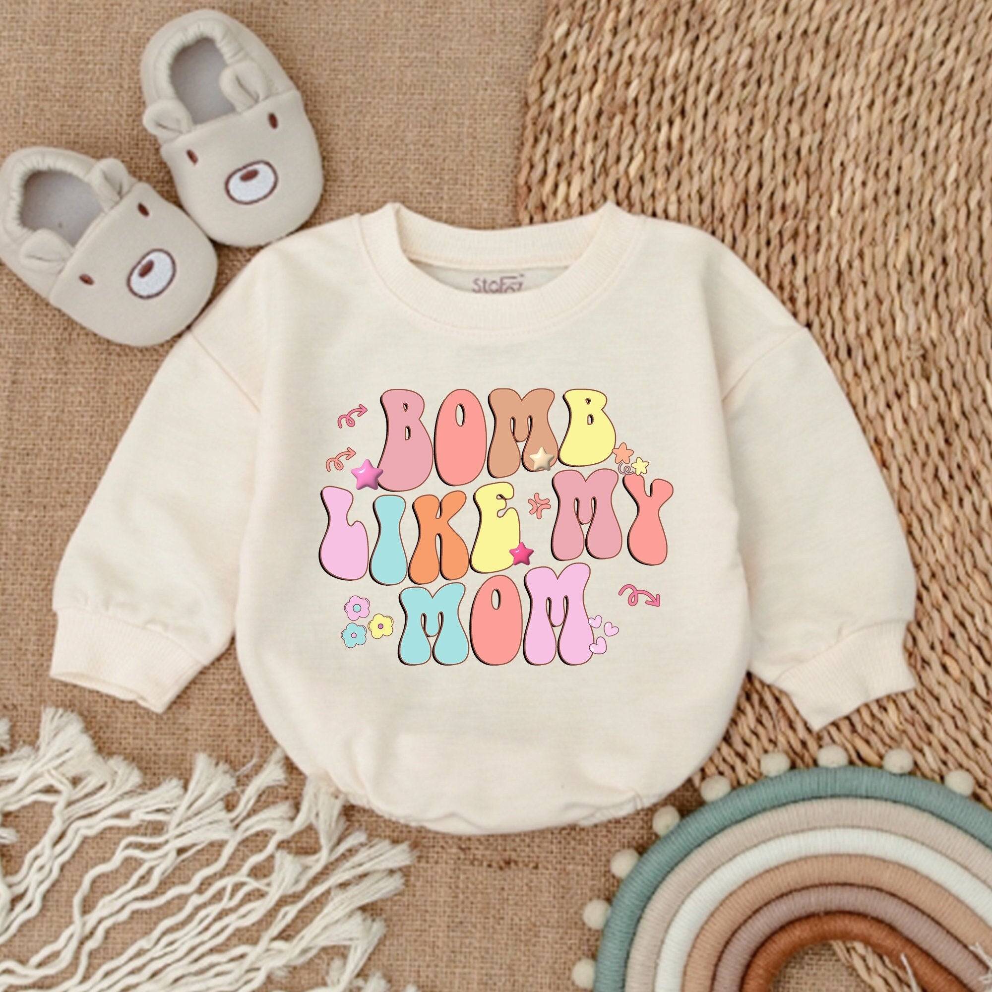 Bomb Like My Mom Baby Girl Romper Whimsical Pastel Colors Retro Font Soft Cotton Outfit Mommy & Me Gift Floral Star Graphics Fun Look
