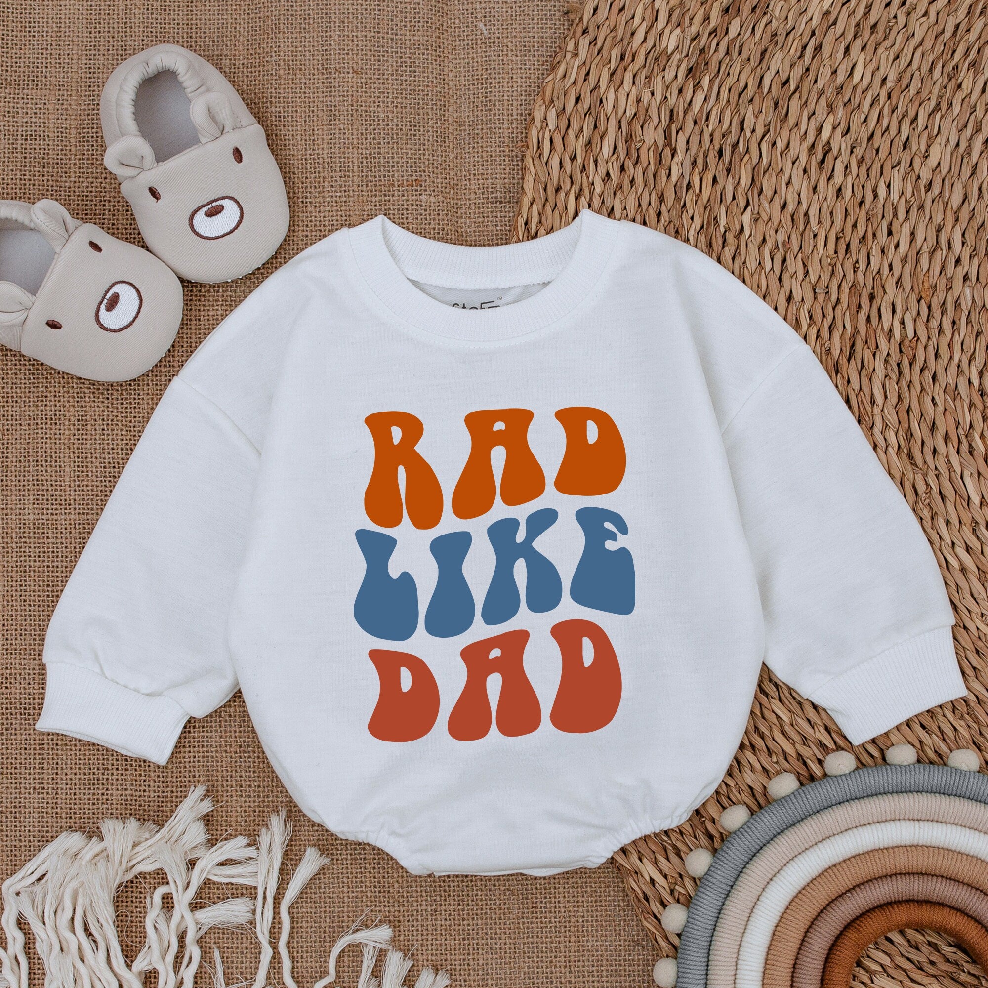 Rad Like Dad Baby Romper Retro 70s Style Earthy Orange Blue Bubble Design Soft Cotton Outfit Father's Day Newborn Gift Boy Clothes