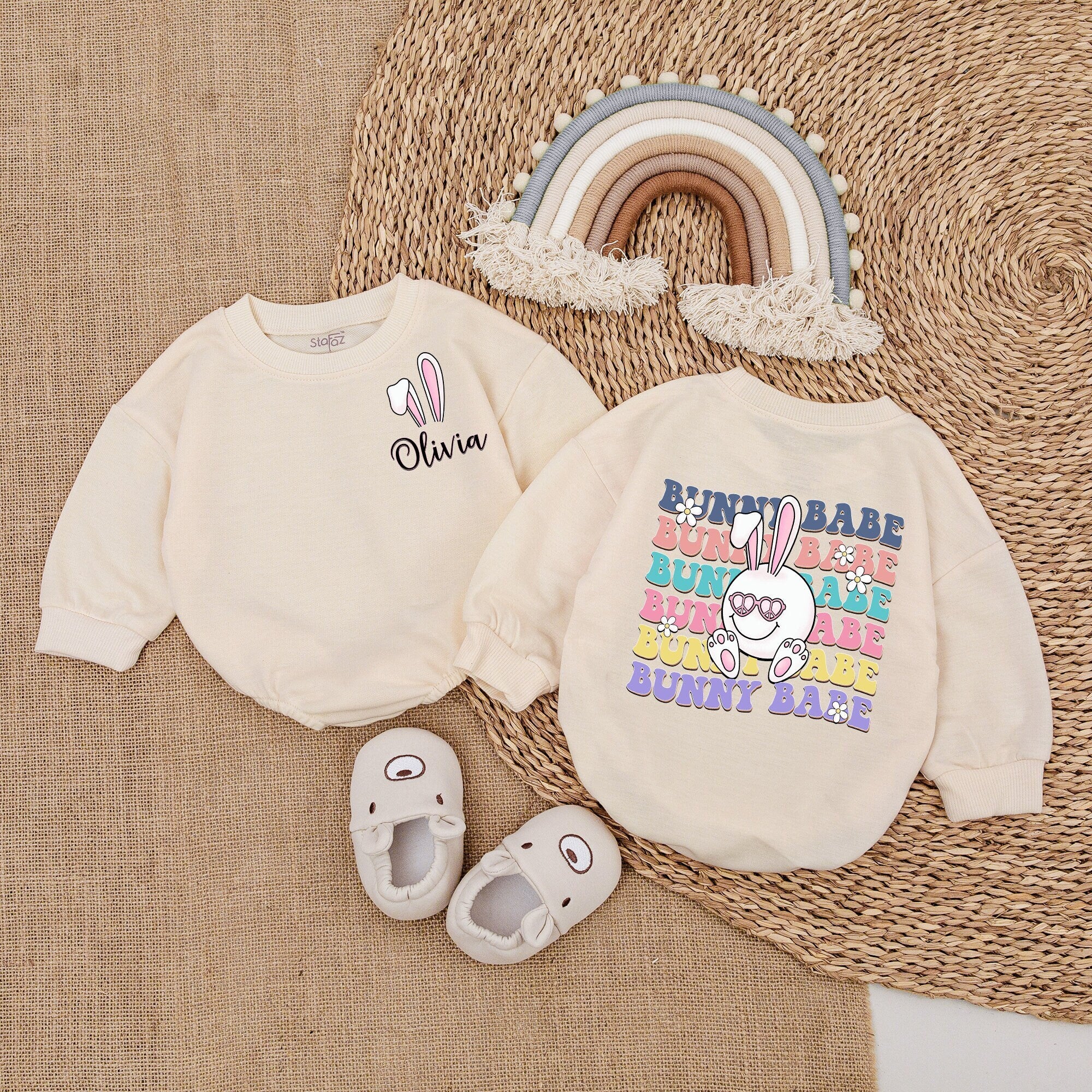 Custom Bunny Babe Easter Baby Romper Soft Cotton Olivia Design Bunny Ears Fun Colors Infant Girl Sweatshirt Outfit Personalized Gift