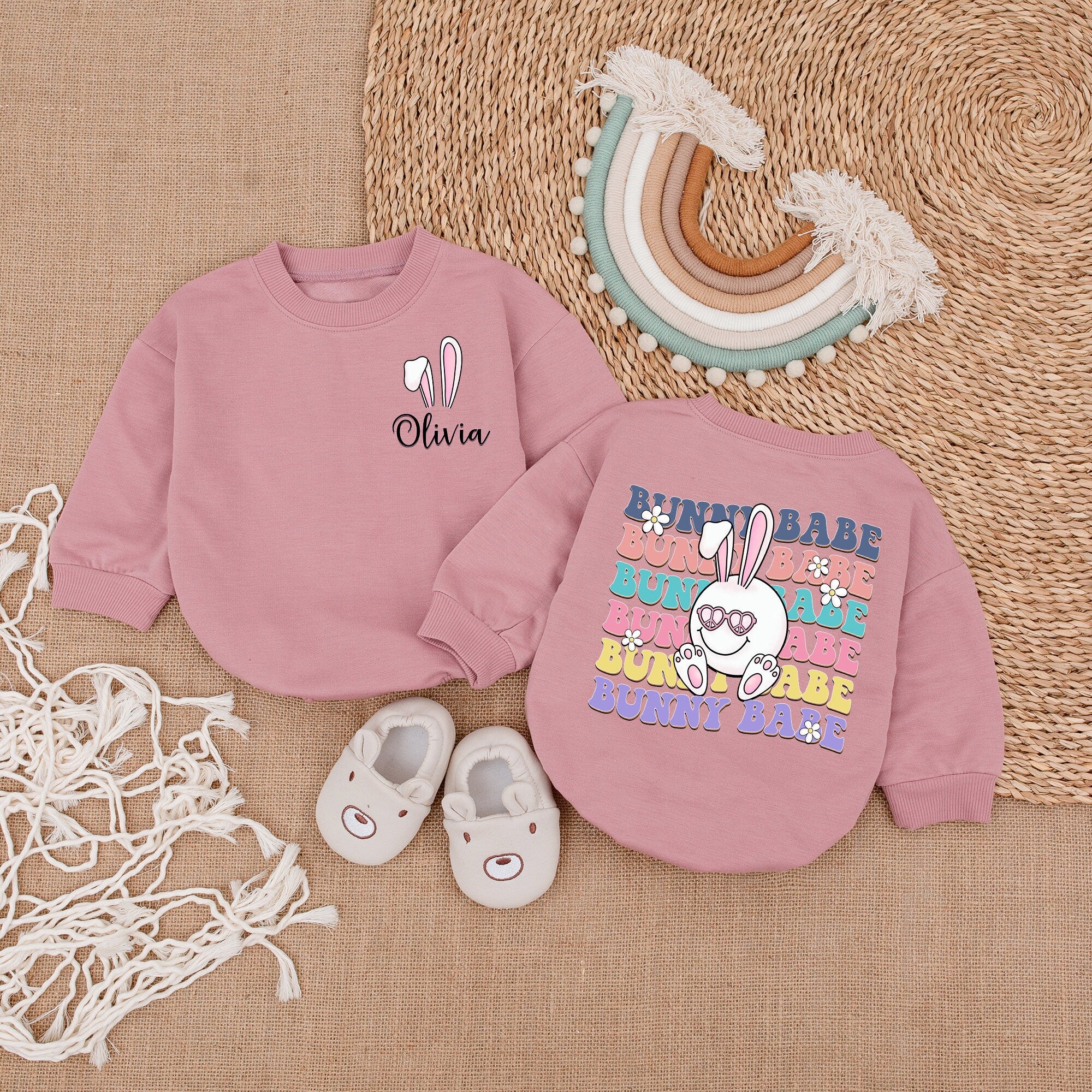 Custom Bunny Babe Easter Baby Romper Soft Cotton Olivia Design Bunny Ears Fun Colors Infant Girl Sweatshirt Outfit Personalized Gift