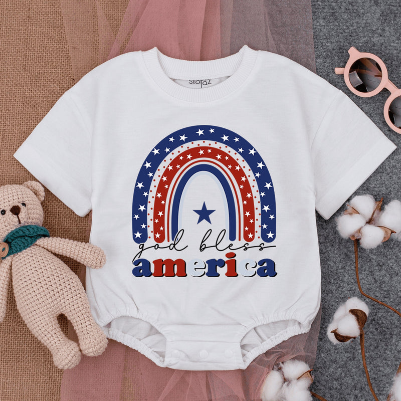 God Bless America Baby Romper Retro Patriotic Design Fourth of July Infant Outfit Soft Cotton Red White Blue Stars Comfortable Bodysuit