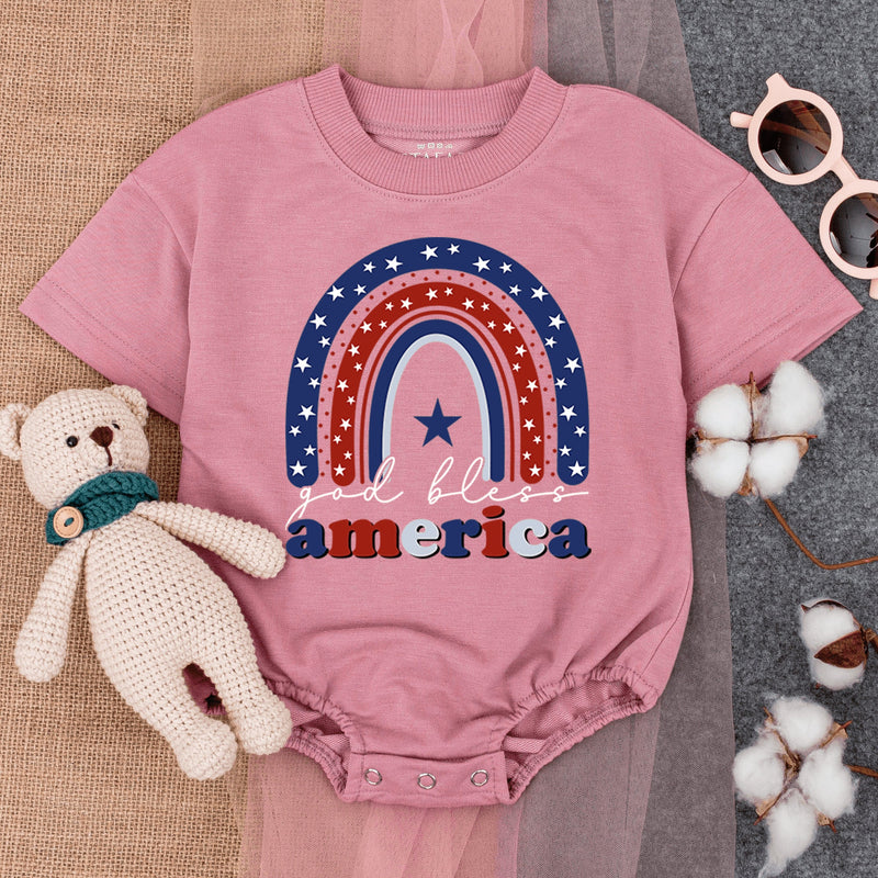 God Bless America Baby Romper Retro Patriotic Design Fourth of July Infant Outfit Soft Cotton Red White Blue Stars Comfortable Bodysuit