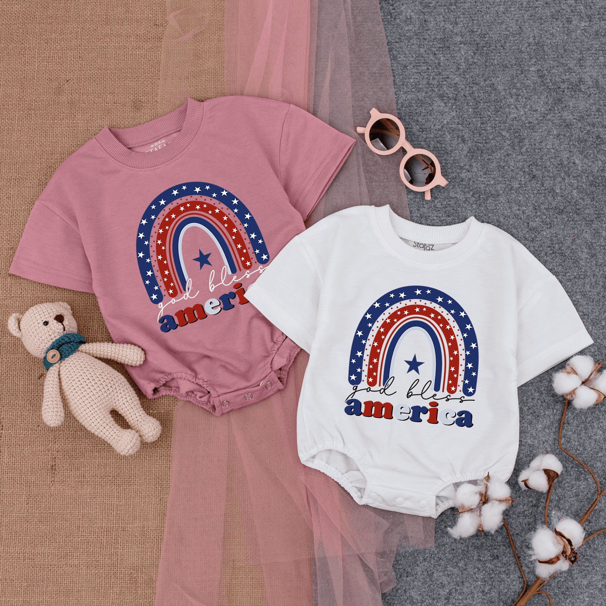 God Bless America Baby Romper Retro Patriotic Design Fourth of July Infant Outfit Soft Cotton Red White Blue Stars Comfortable Bodysuit