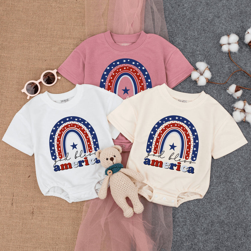God Bless America Baby Romper Retro Patriotic Design Fourth of July Infant Outfit Soft Cotton Red White Blue Stars Comfortable Bodysuit