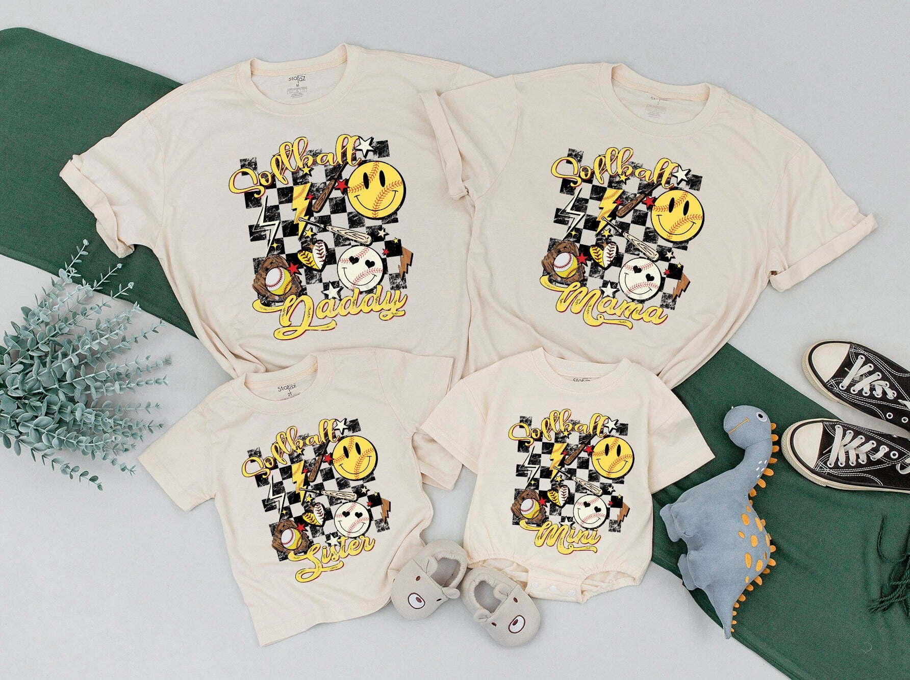 Custom Family Softball Shirts Retro Smiley Checkered Tee Personalized Names Sporty Vintage Gift Outfit for Daddy Mama Sister Baby