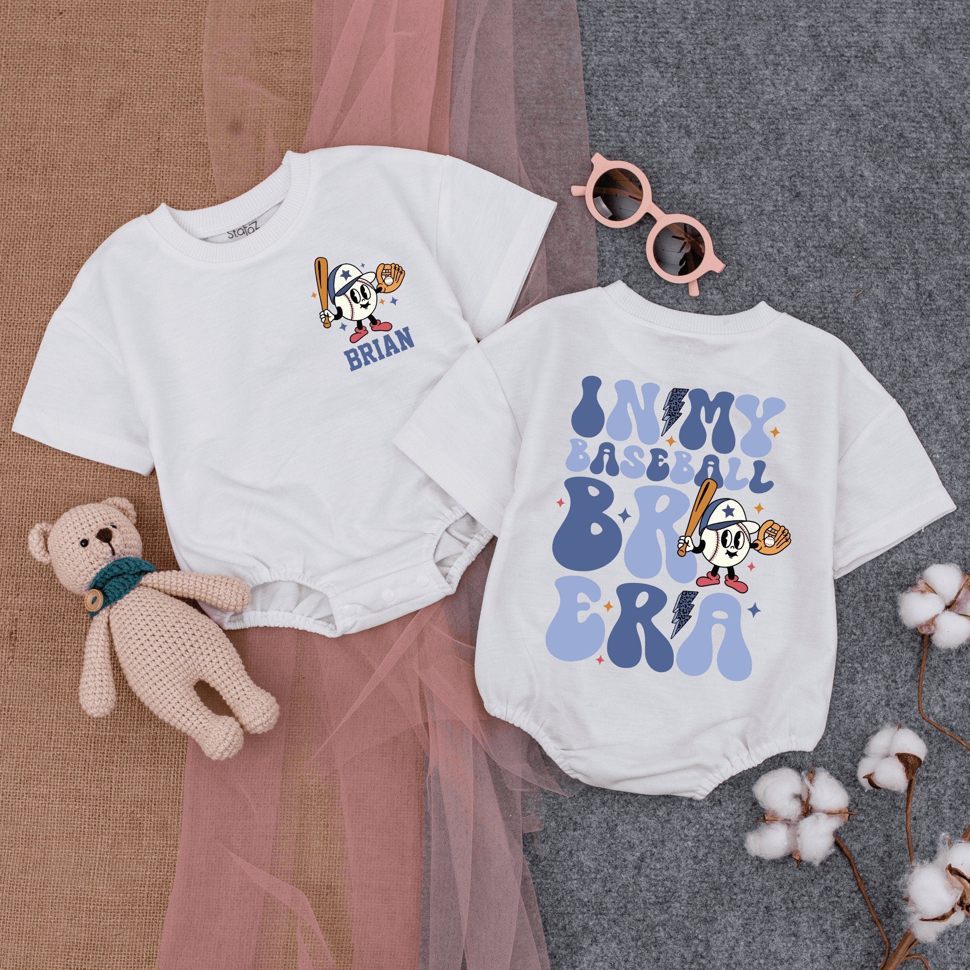 Retro Baseball Baby Romper with Cartoon Character