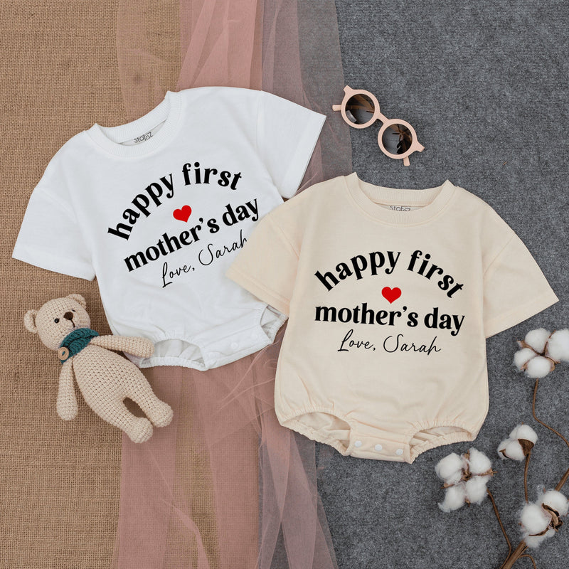 Happy First Mother's Day Baby Romper Personalized Gift Heart Design Soft Cotton Newborn Outfit Custom Love Sarah Short Sleeve