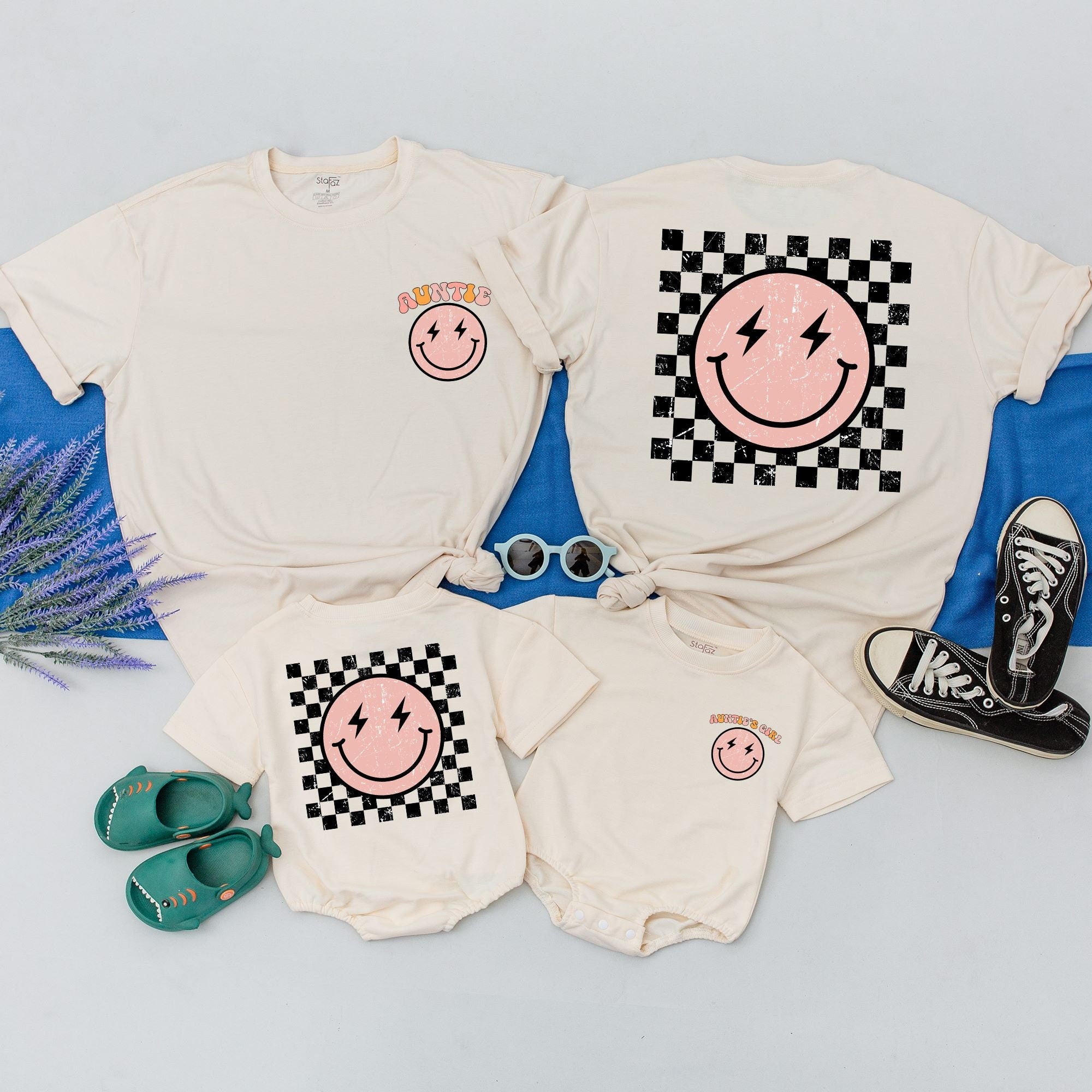 Personalized Auntie and Me Shirt with Pink Smiley Lightning Bolt Face Checkered Pattern Matching Family Outfit Custom Names Cotton Gift