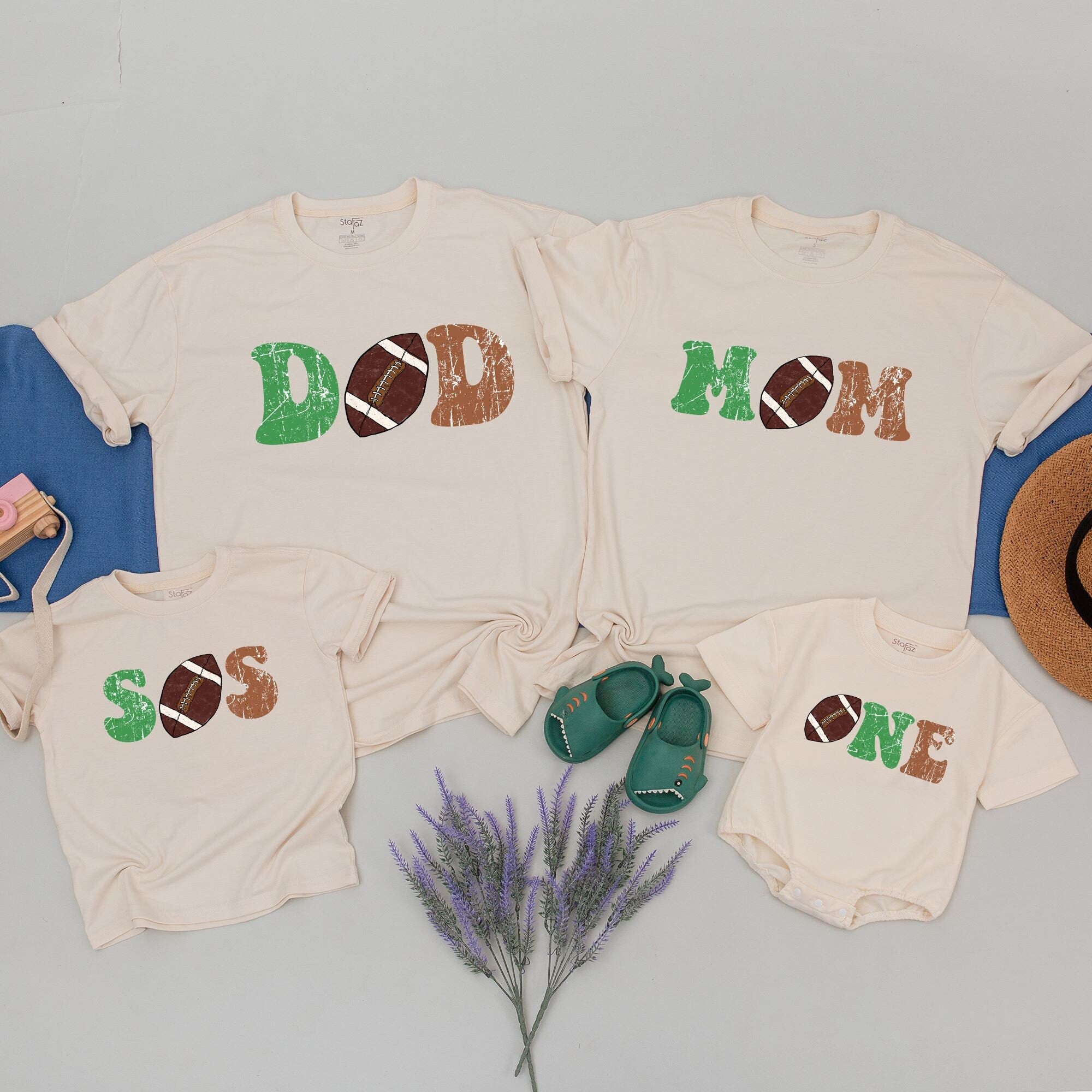Football Family Matching Shirts Personalized Birthday Outfit Custom Names Sporty 1st Year Down Celebration Soft Cotton Playful Design