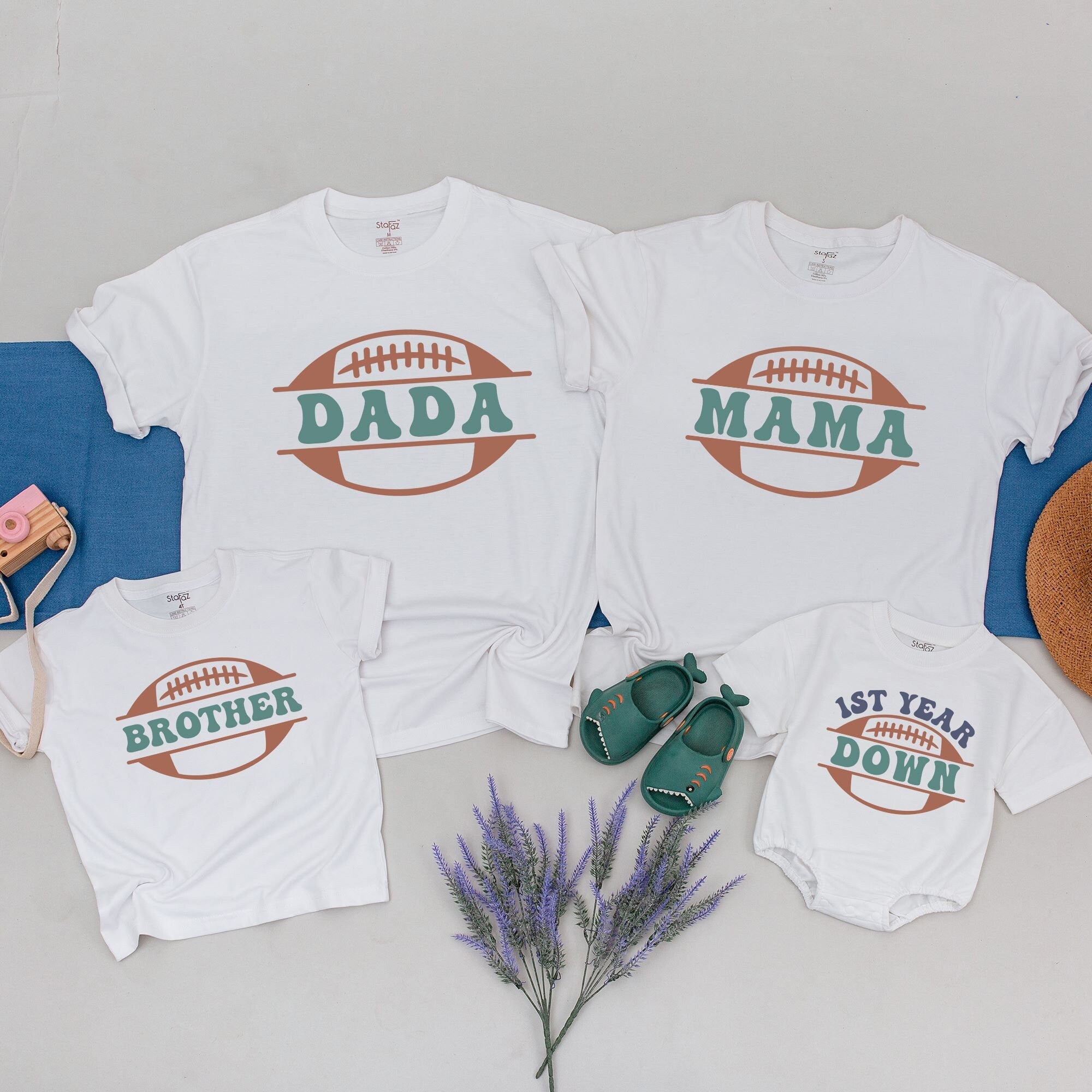 Football First Birthday Matching Family Shirts with Personalized Names Soft Cotton 1st Year Down Outfit Playful Sporty Design