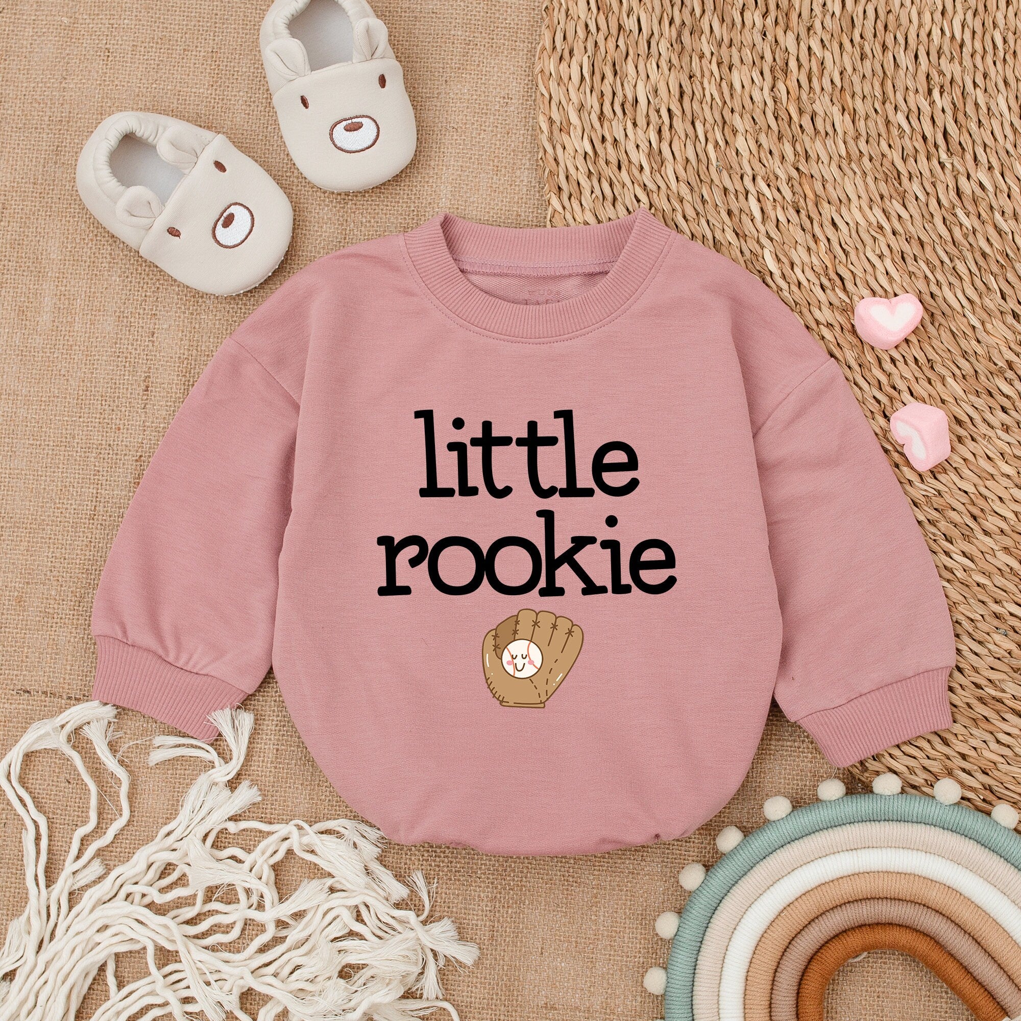 Little Rookie Baseball Romper Baby Boy Gift Father's Day Bodysuit Cotton Soft Game Day Outfit Brown Glove White Ball Red Stitching