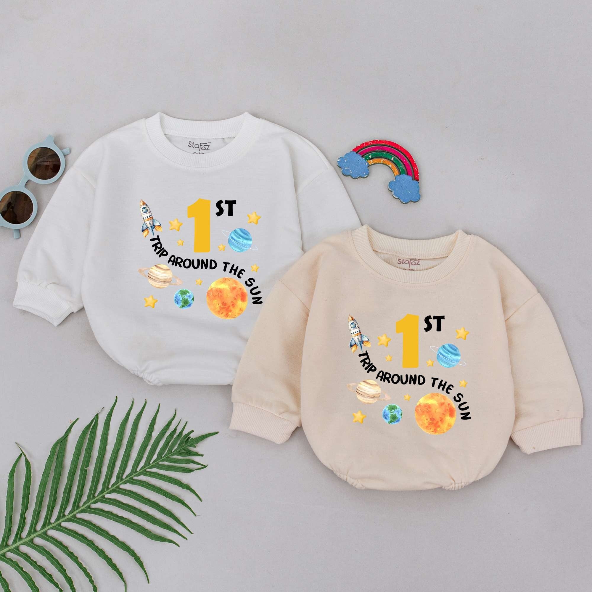 First Trip Around the Sun Baby Romper Space Theme First Birthday Outfit Retro Design for Boys Girls Soft Cotton Comfortable Party Wear
