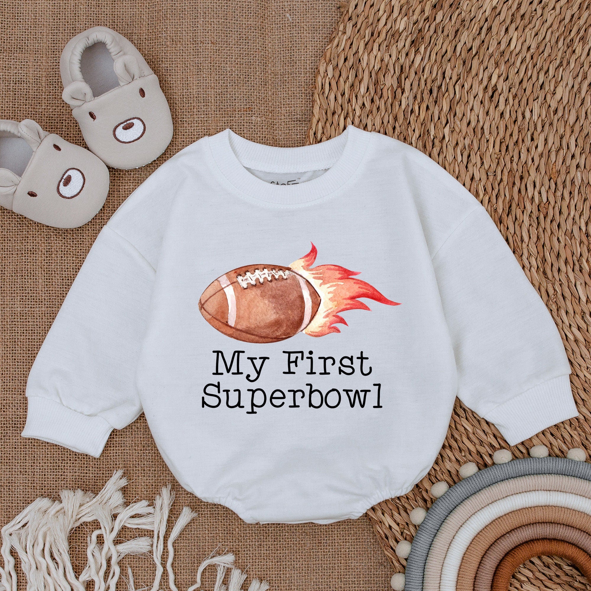 My First Superbowl Baby Romper with Football and Flame Design Newborn Game Day Outfit Fun and Energetic Clothing Gift for Baby Boy Girl