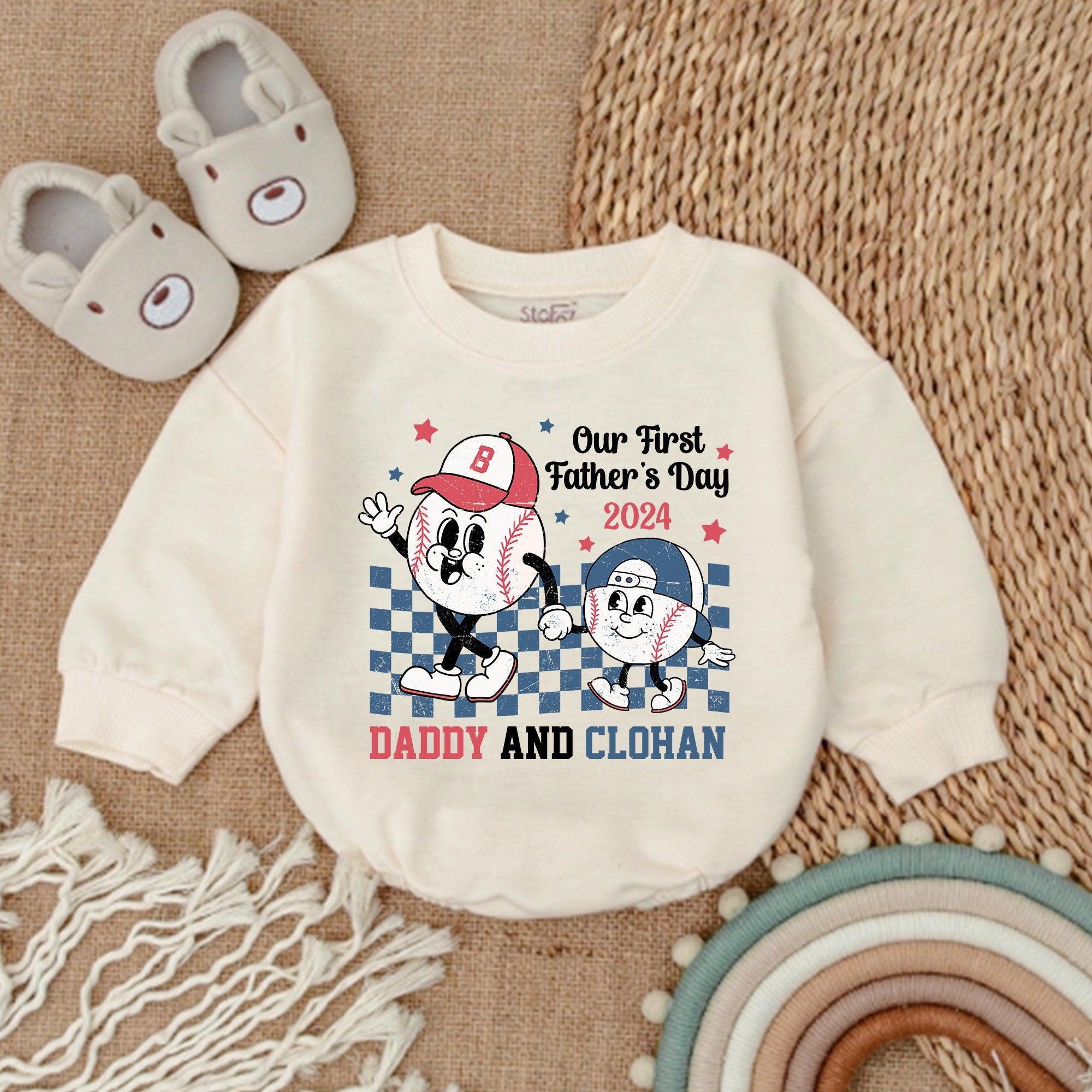 Custom Baby Boy Romper Our First Father's Day 2024 Baseball Outfit Daddy and Clohan Design Checkered Pattern Gift for Dad Son
