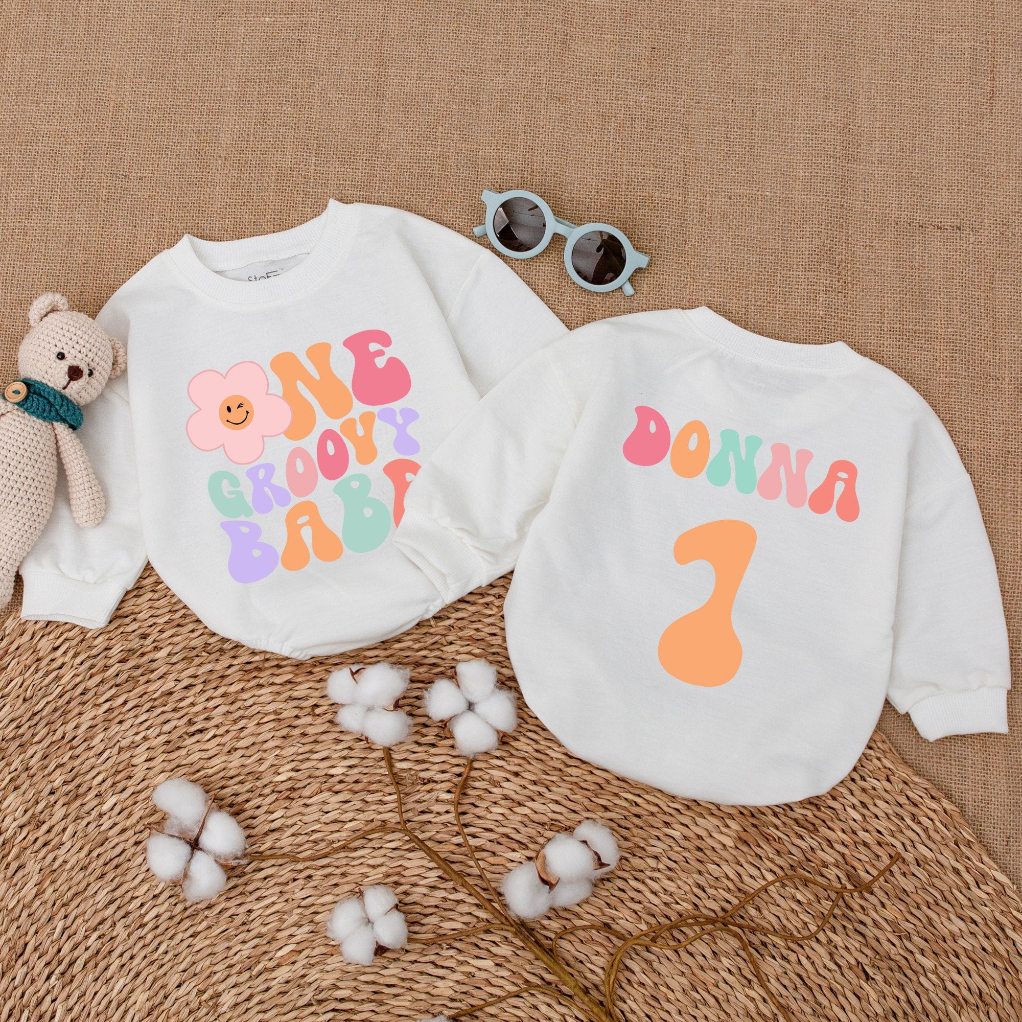 Personalized Groovy Babe Birthday Romper with Retro Colors
