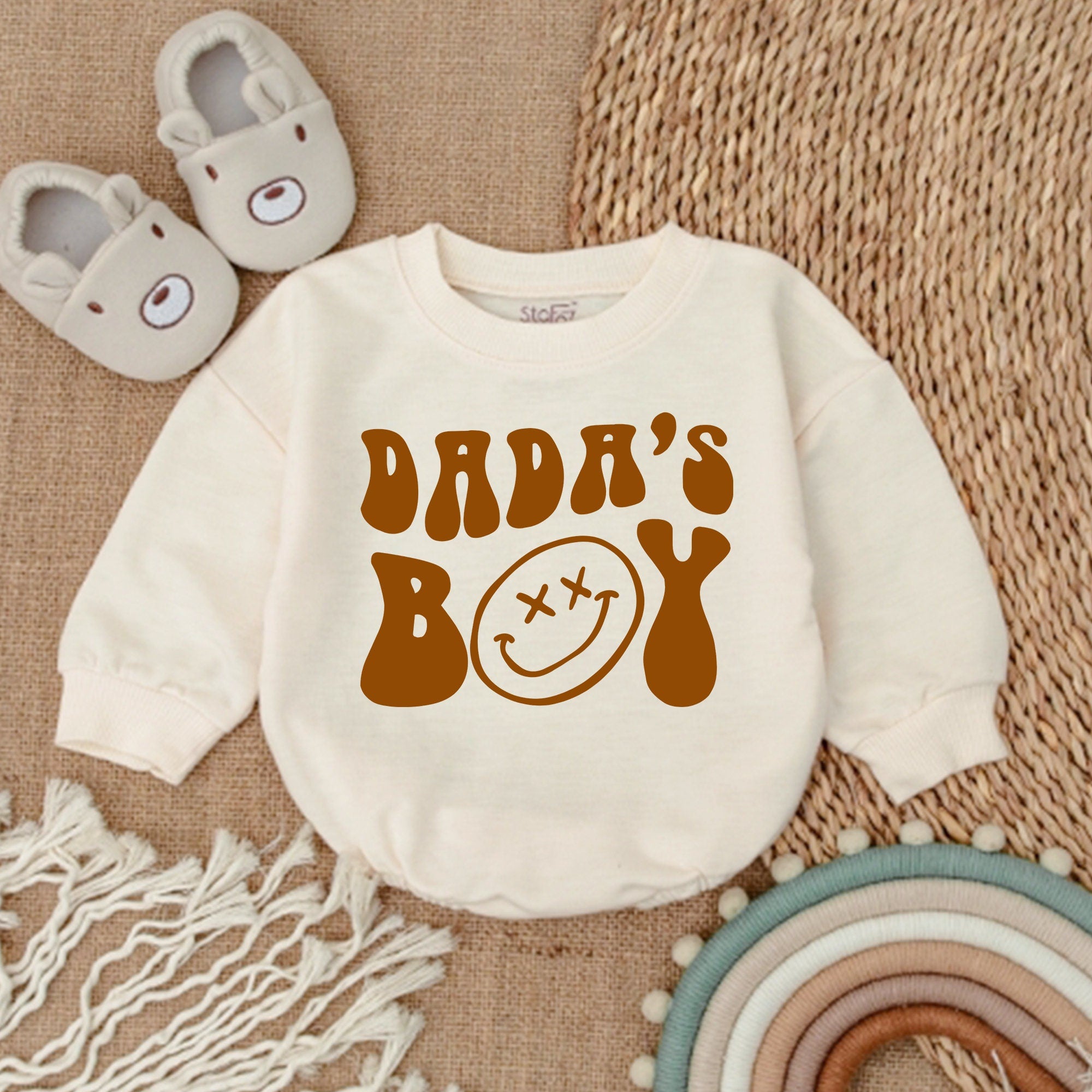 Dada's Boy Baby Romper Father's Day Outfit Retro 70s Design Smiley Face Warm Brown Comfortable Gift Toddler Infant Clothes