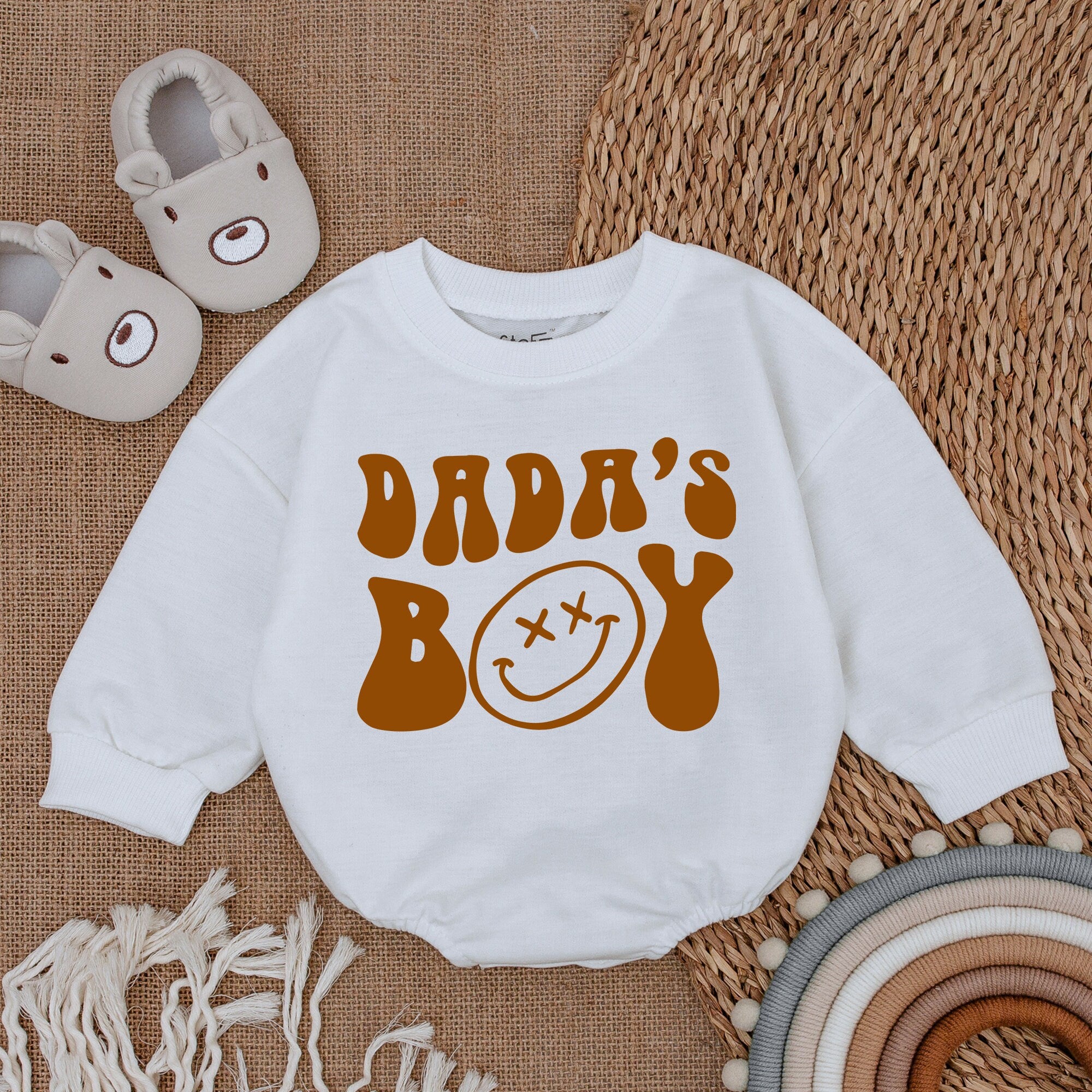 Dada's Boy Baby Romper Father's Day Outfit Retro 70s Design Smiley Face Warm Brown Comfortable Gift Toddler Infant Clothes
