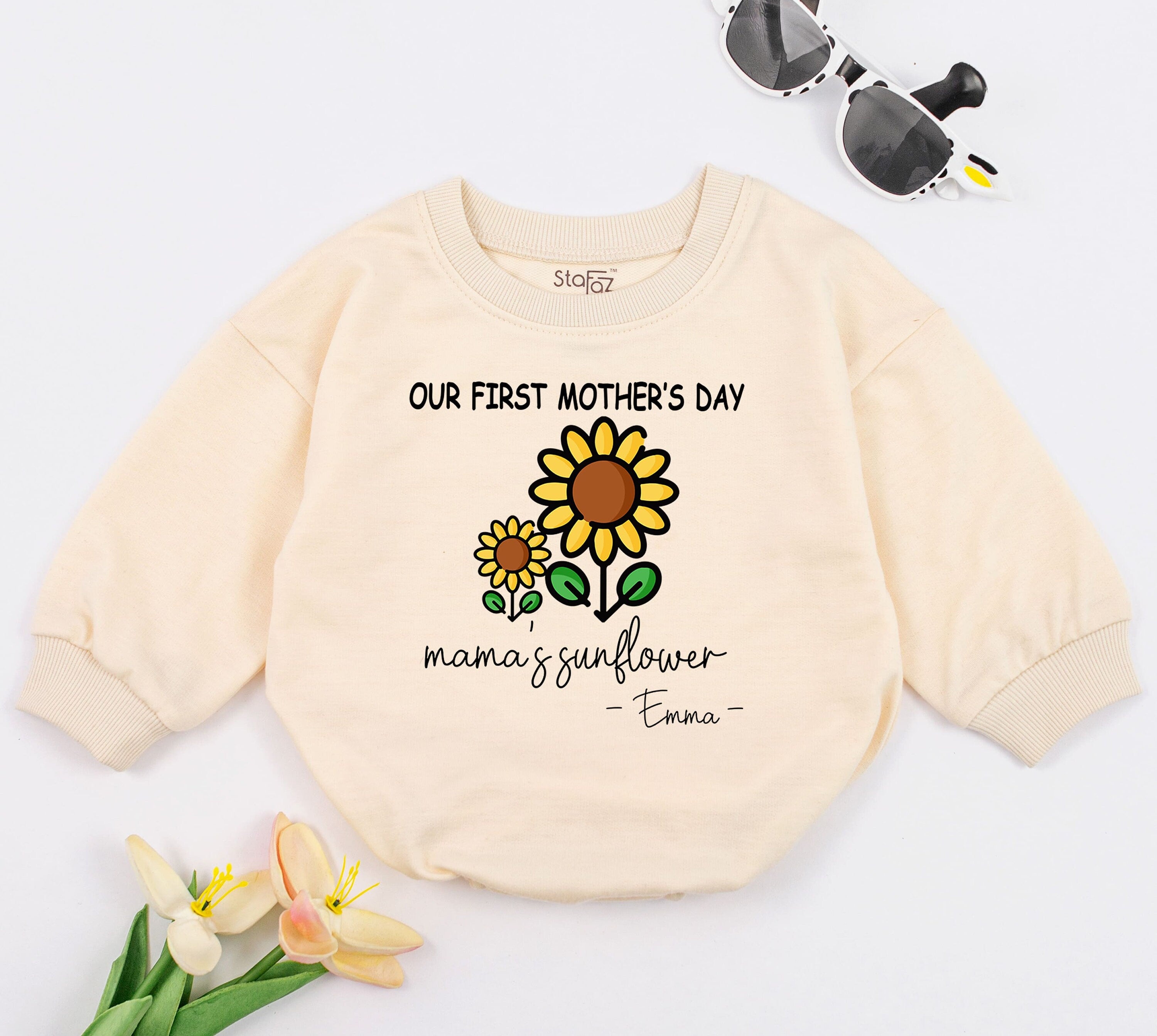 Personalized Our First Mother's Day Baby Romper Sunflower Design Custom Name Infant Clothes Comfortable Cotton Gift