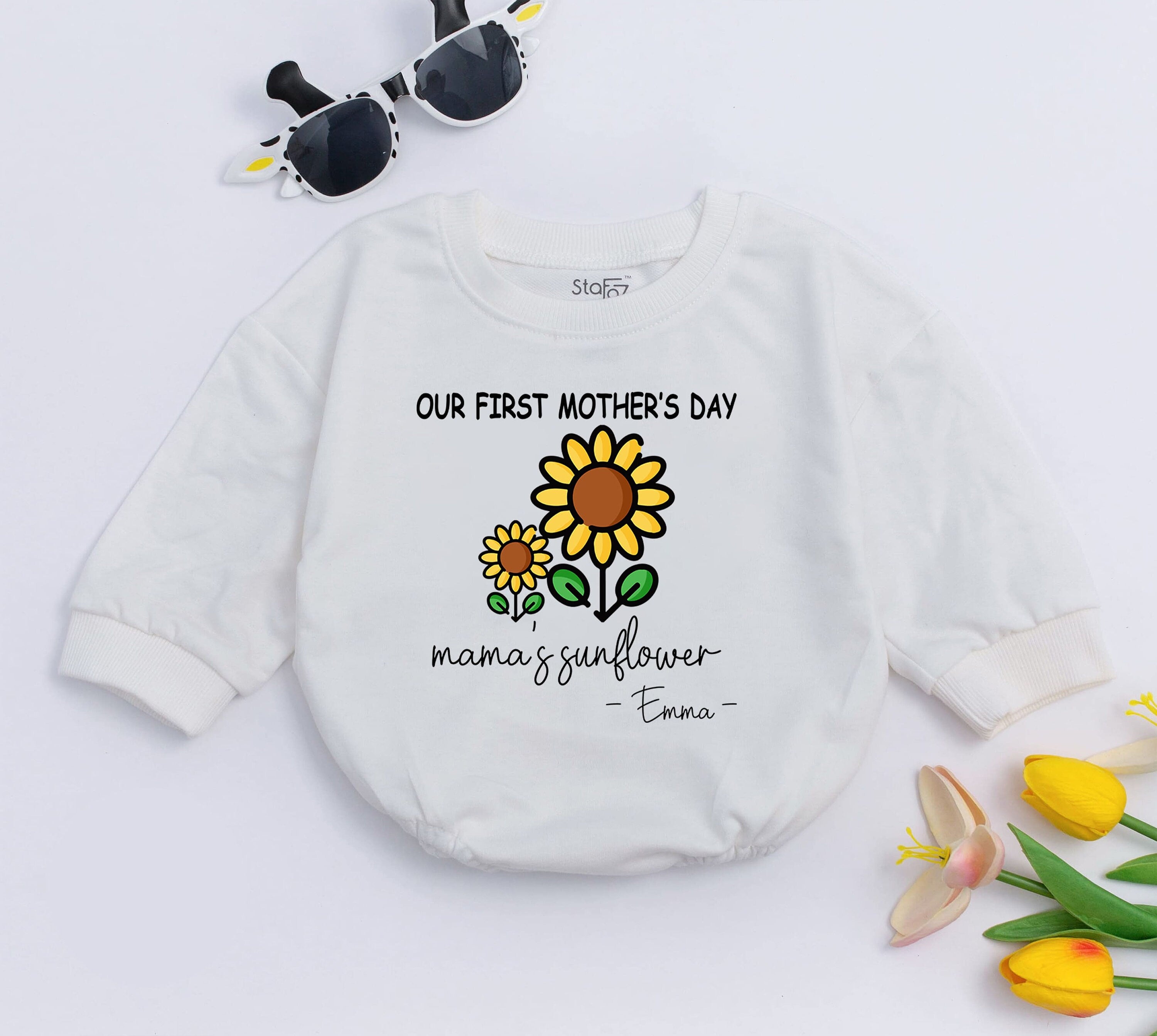 Personalized Our First Mother's Day Baby Romper Sunflower Design Custom Name Infant Clothes Comfortable Cotton Gift