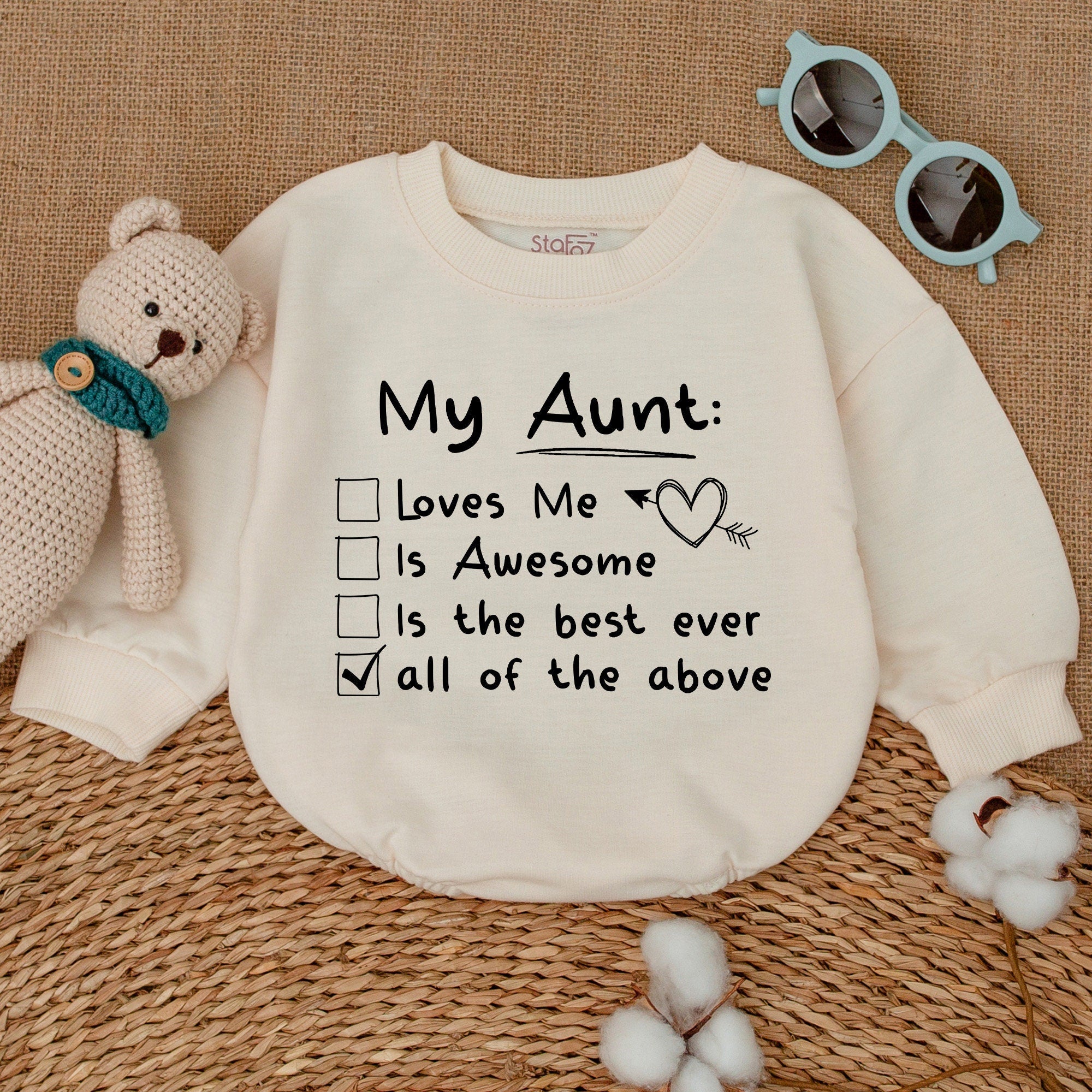 My Aunt Loves Me Baby Romper Playful Checklist Design Soft Cotton Bodysuit Infant Gift Perfect for Baby Showers Birthdays and Holidays
