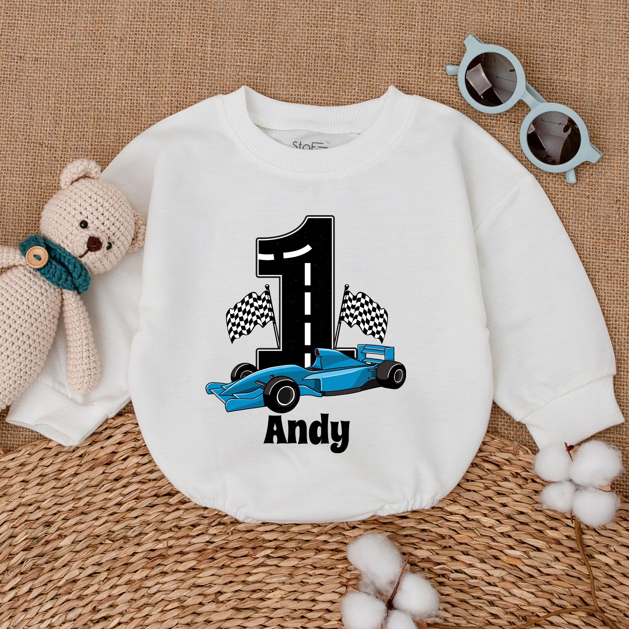 Personalized Baby Boy Romper with Black Number 1 Blue Race Car Checkered Flags Birthday Outfit Soft Cotton Infant Gift Celebration