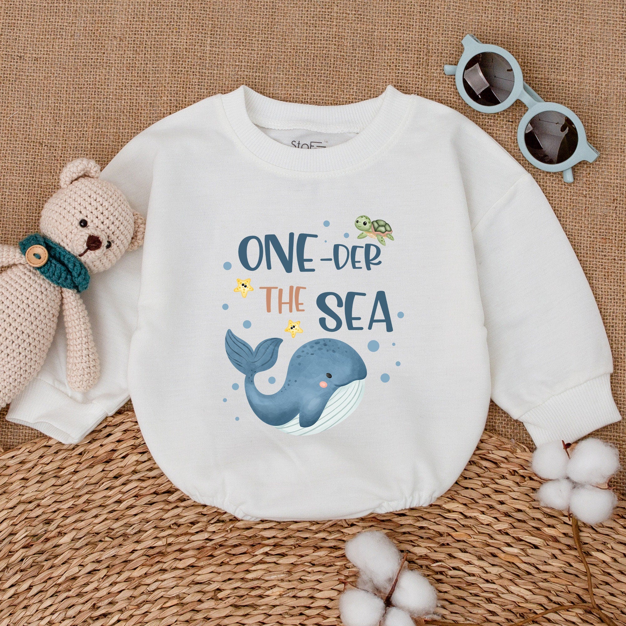 One-Der the Sea Baby Girl Romper with Blue Whale Turtle Starfish Birthday Outfit Ocean Party Smash Cake Cotton Comfortable Gift