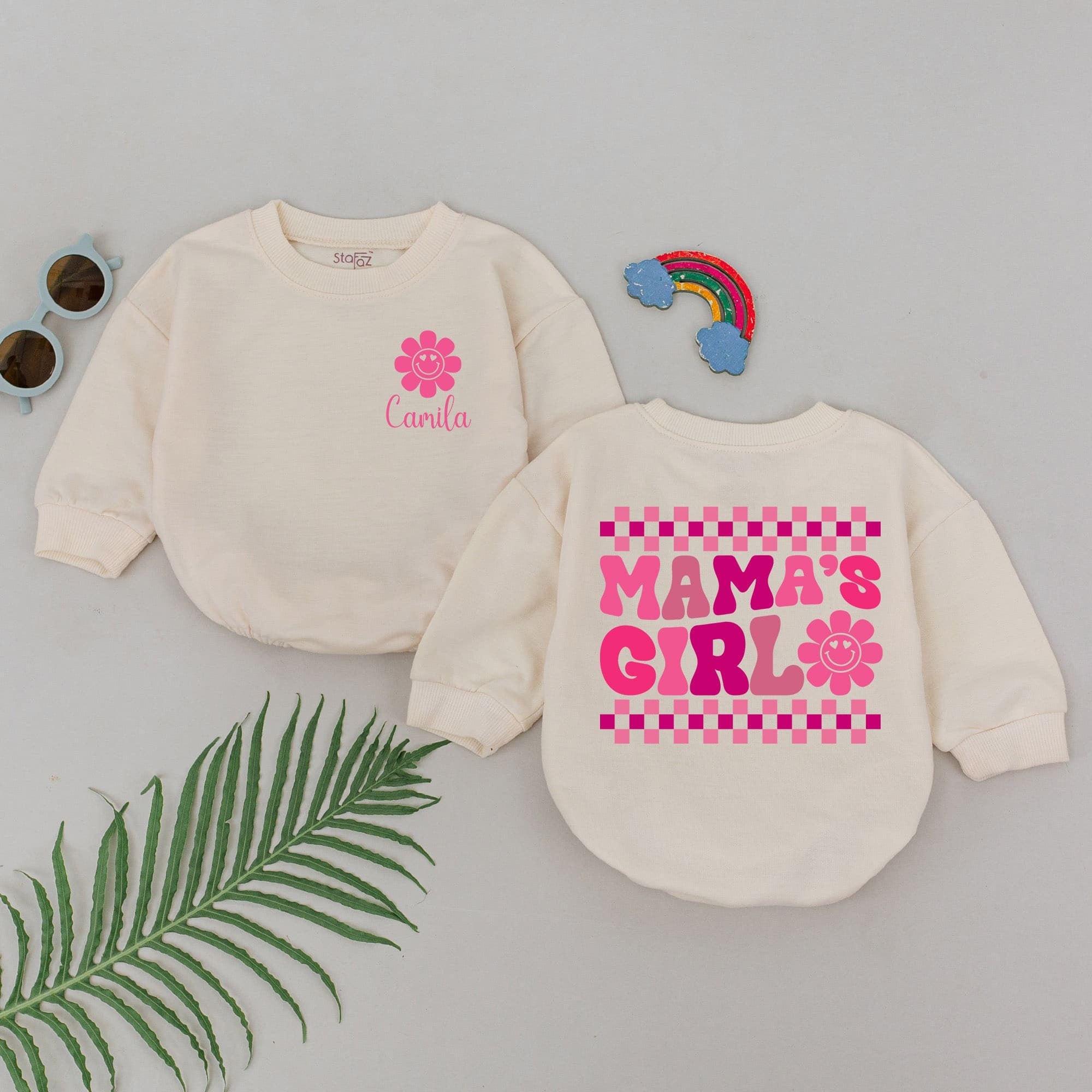 Personalized Camila Mama's Girl Baby Romper Checkered Pink Purple Flower Design Infant Outfit Mother's Day Gift Newborn Baby Shower