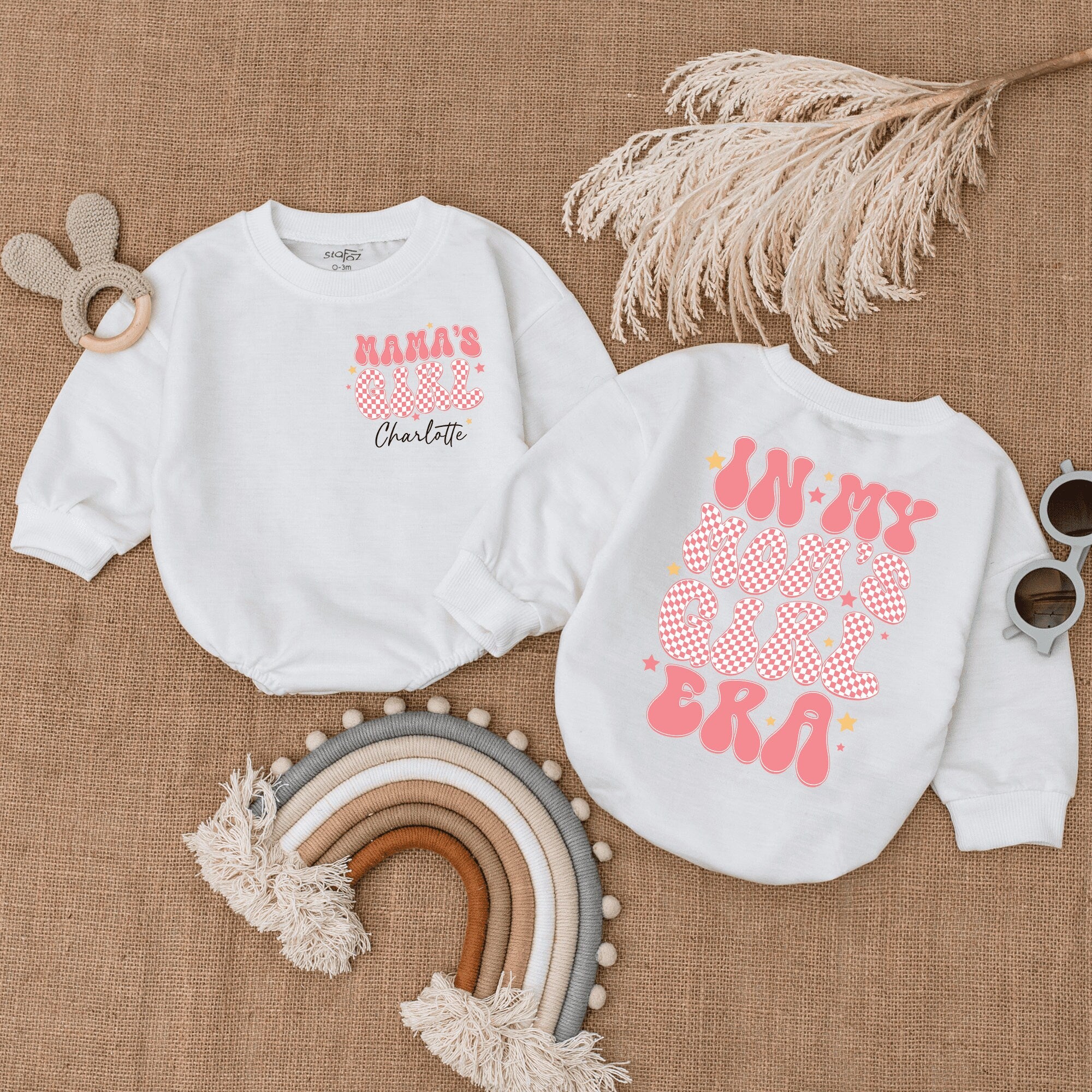 Custom Baby Romper for First Mother's Day Pink Checkered Mama's Girl Outfit Cotton Newborn Gift Fun Retro Style Infant Clothing