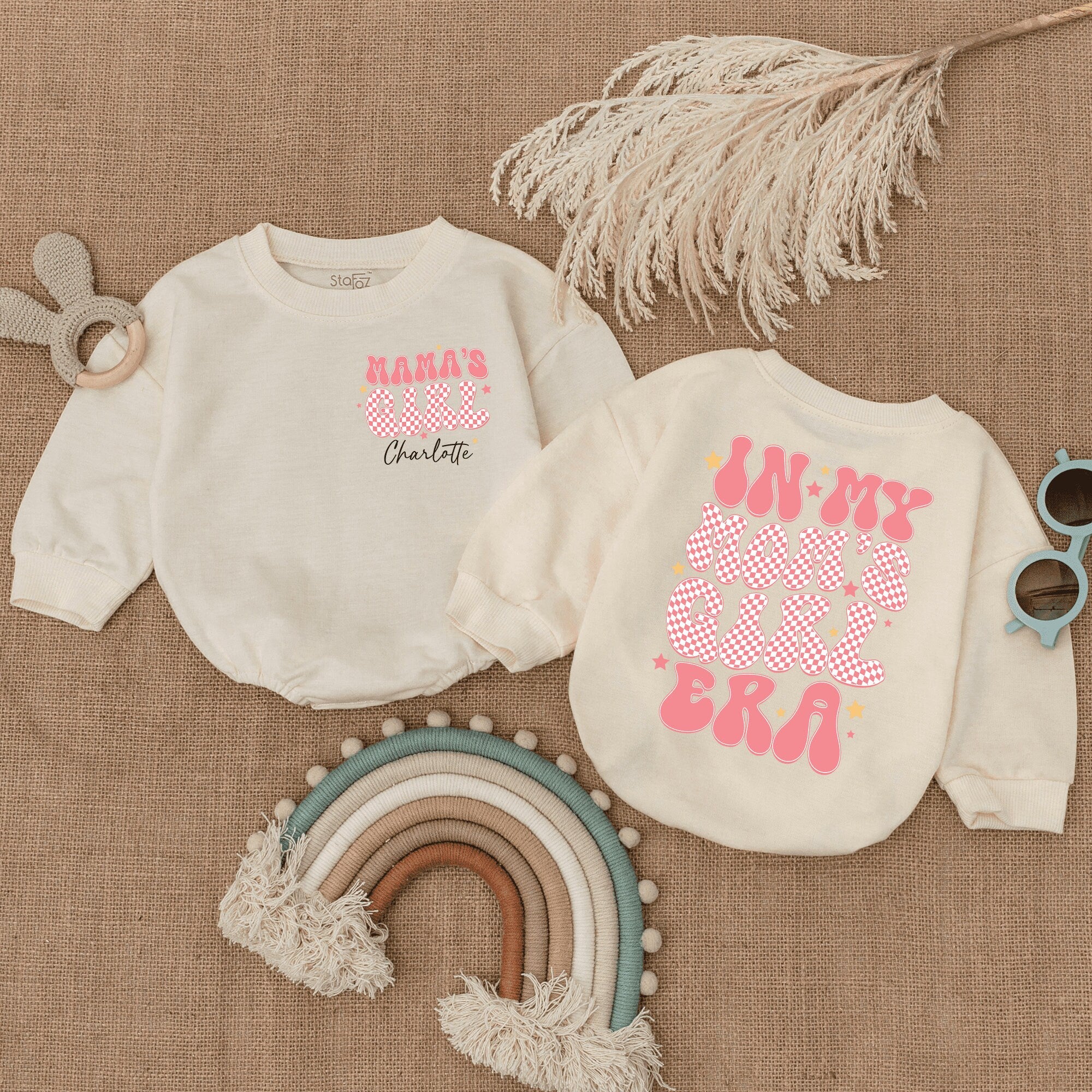 Custom Baby Romper for First Mother's Day Pink Checkered Mama's Girl Outfit Cotton Newborn Gift Fun Retro Style Infant Clothing