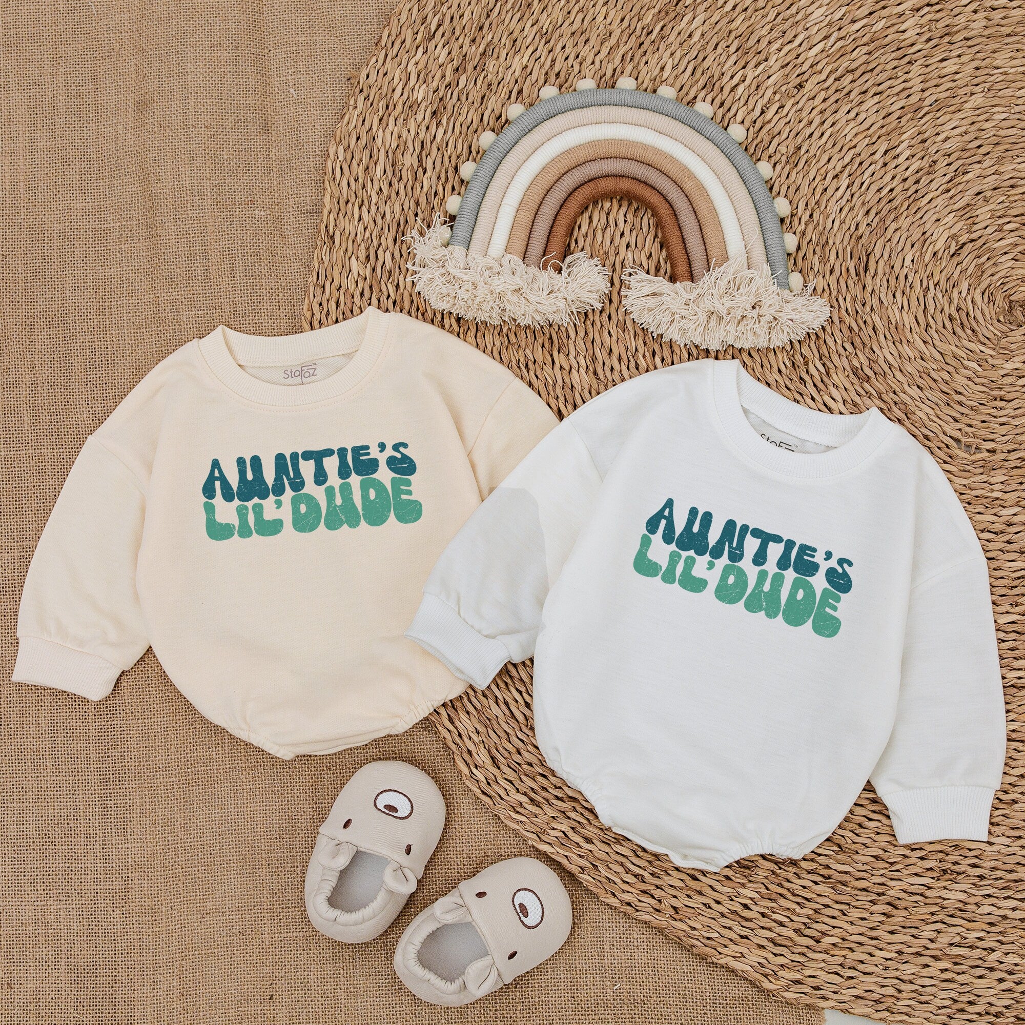 Auntie's Lil' Dude Baby Boy Romper Fun Retro Style Outfit for Infant Gift Shower Present Playful Cotton Comfort Blue Green Gradient