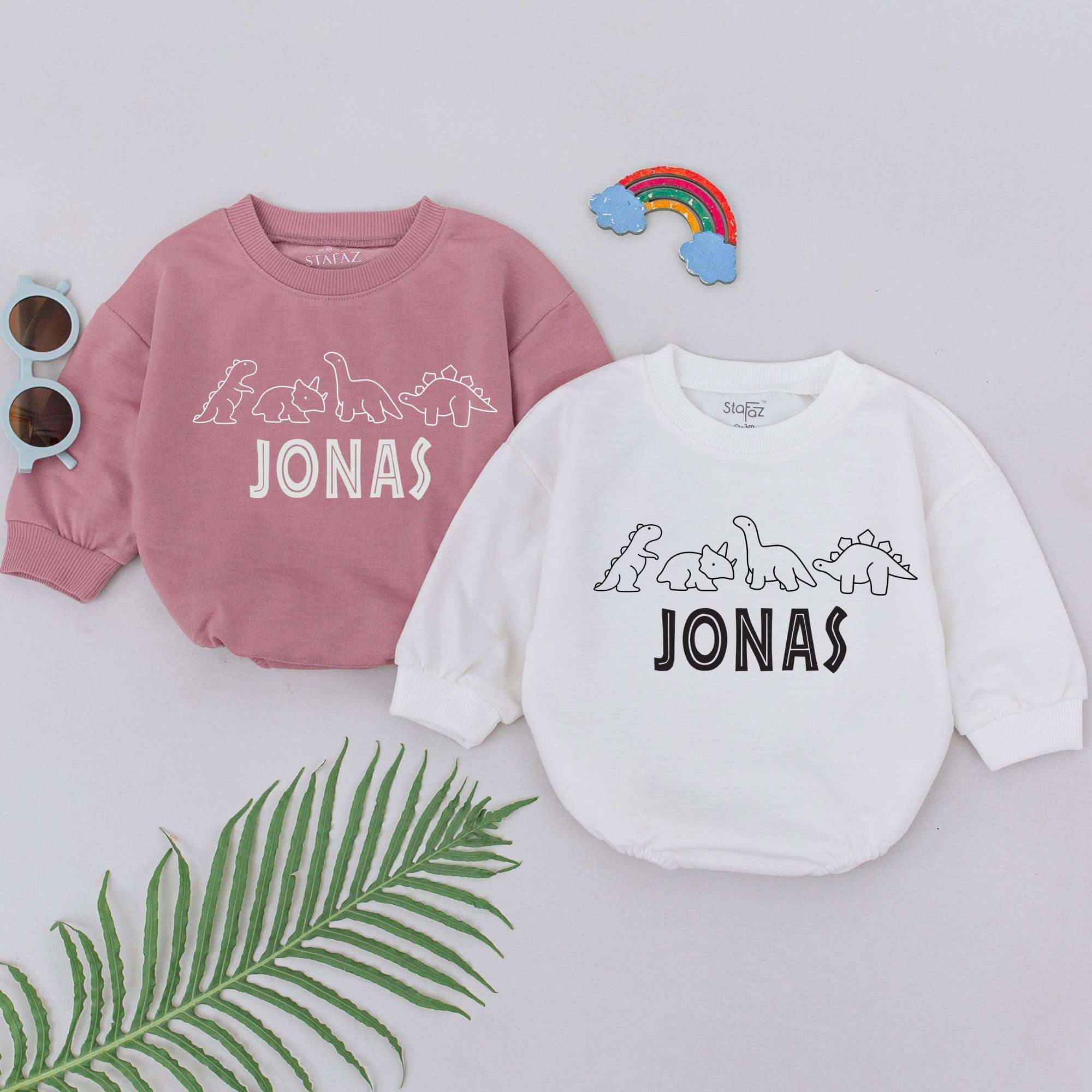 Personalized Dinosaur Baby Romper with T-Rex Triceratops Stegosaurus Names Fun Pink White Cotton Gift for Boys Girls Birthday Outfit