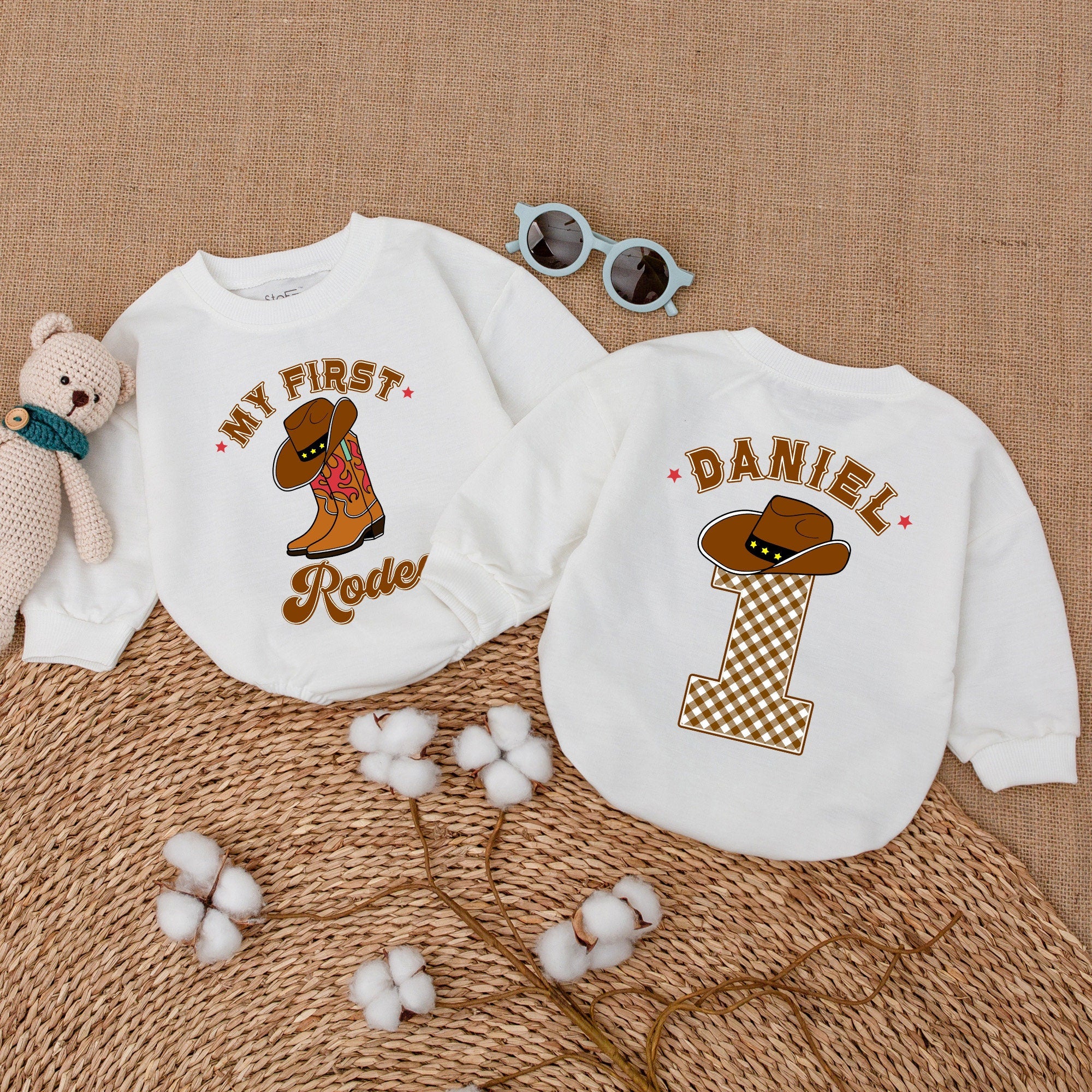 Custom My First Rodeo Cowboy Boot Romper Baby Boy Western Birthday Outfit Personalized Name Gift