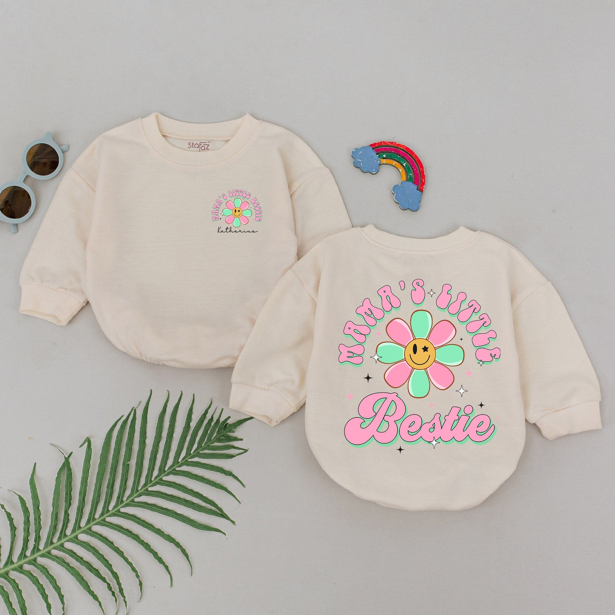 Mama's Little Bestie Romper Smiling Flower Design Baby Girl Outfit First Mother's Day Gift Newborn Cotton Soft Comfortable Pastel Colors
