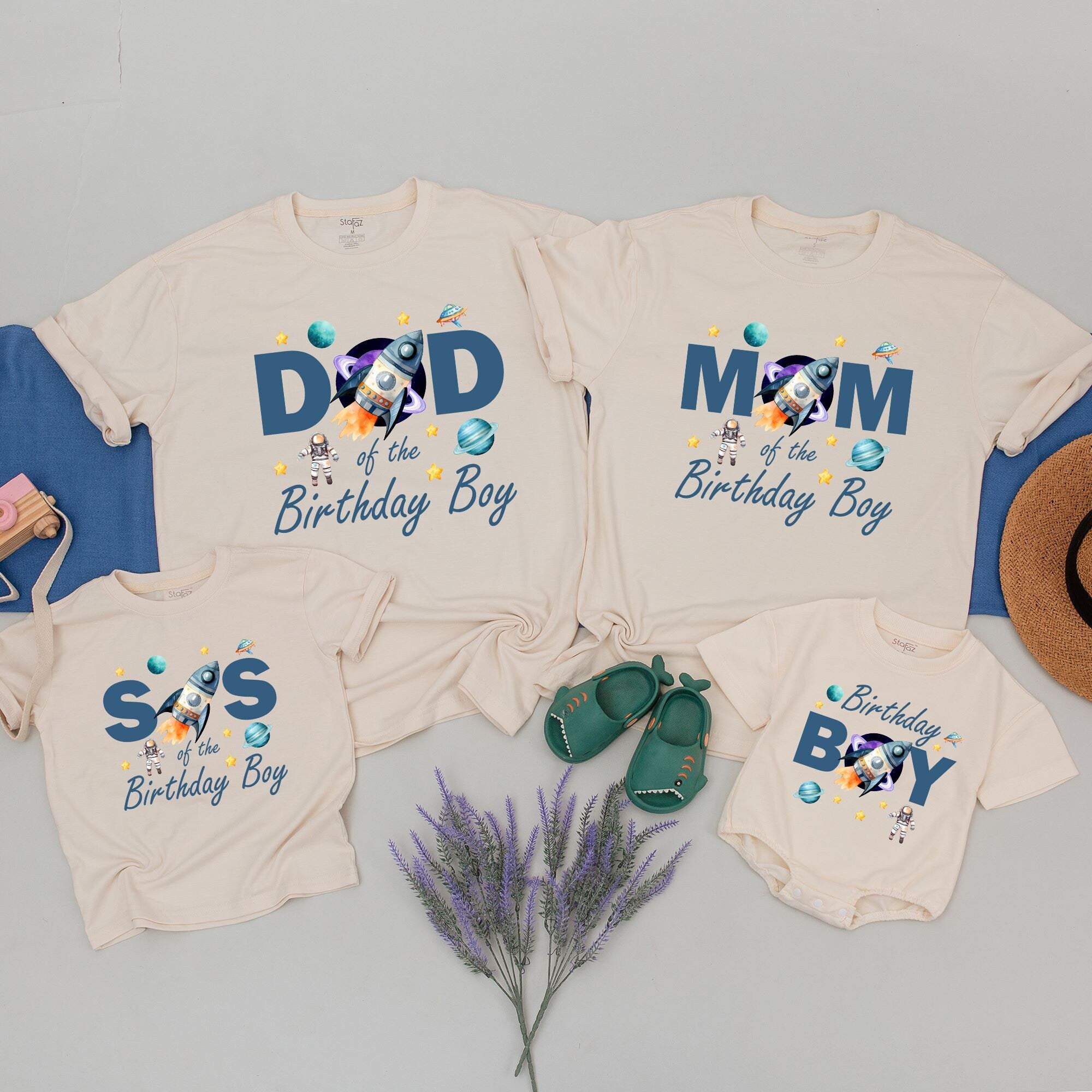 Playful Birthday Astronaut Shirts for Family with Space Theme Custom Name T-Shirts Vibrant Design Rocket Ship Planets Stars Celebration
