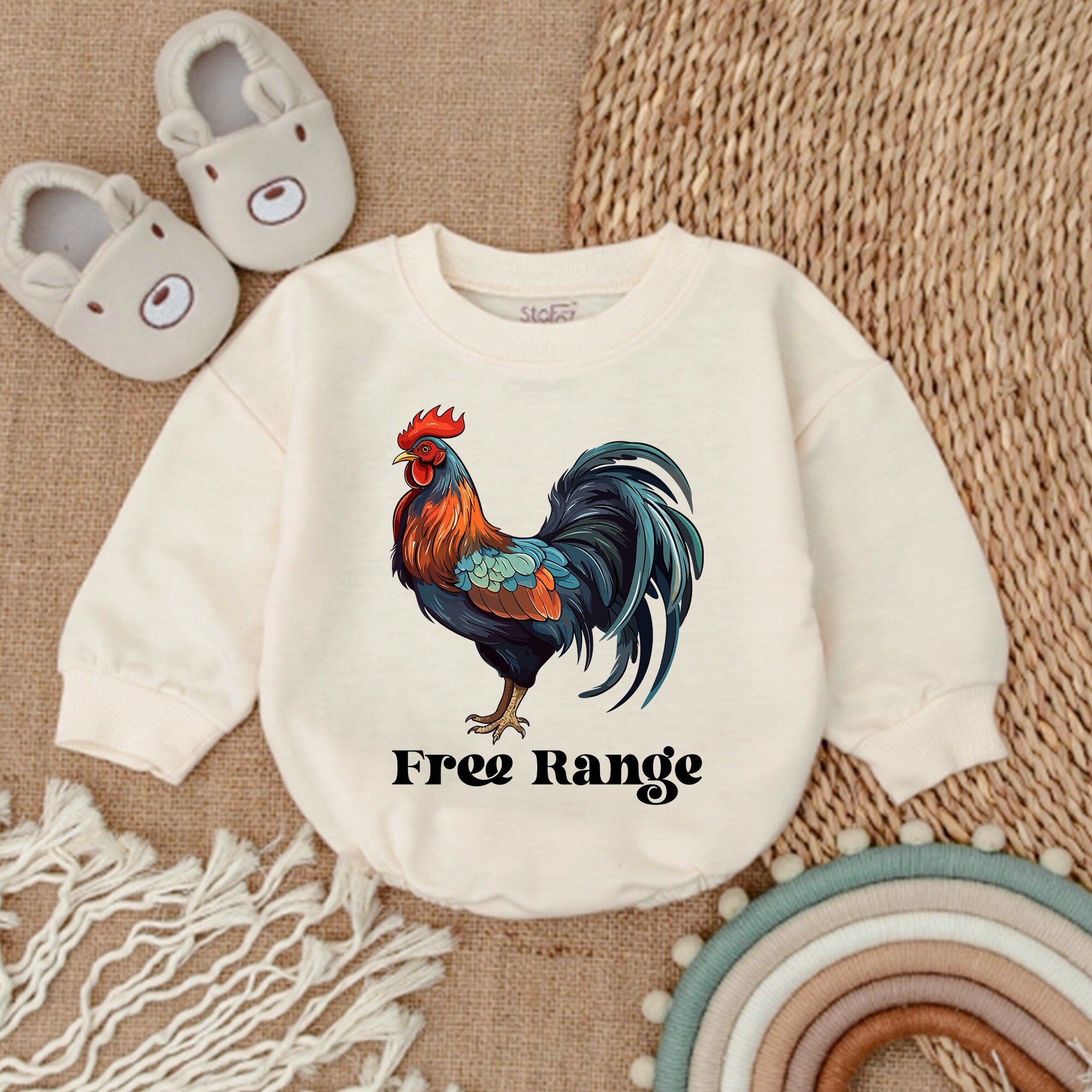 Free Range Rooster Baby Romper Vibrant Farm Animal Bodysuit Gender Neutral Outfit Birthday Party Cotton Soft Playful Design