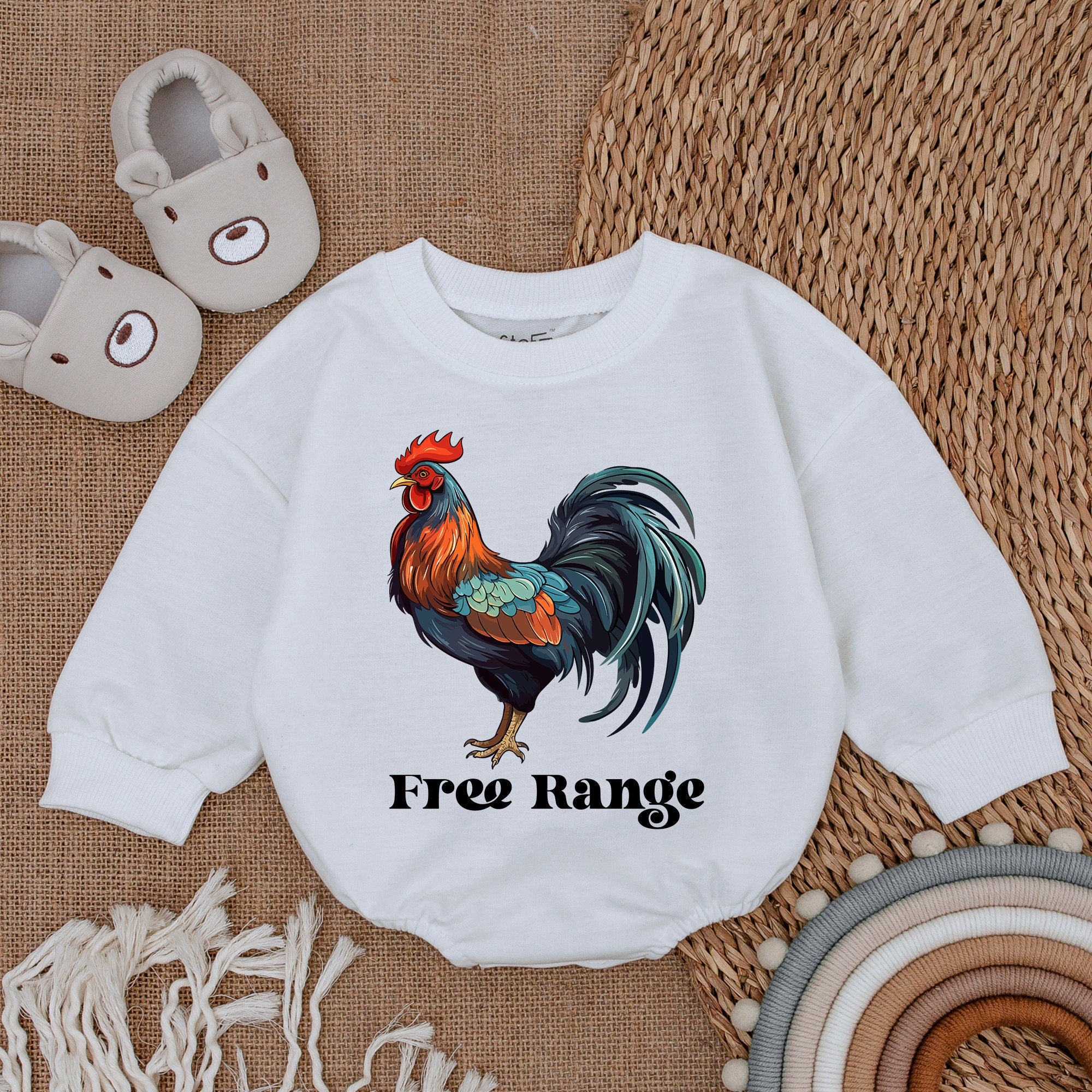 Free Range Rooster Baby Romper Vibrant Farm Animal Bodysuit Gender Neutral Outfit Birthday Party Cotton Soft Playful Design