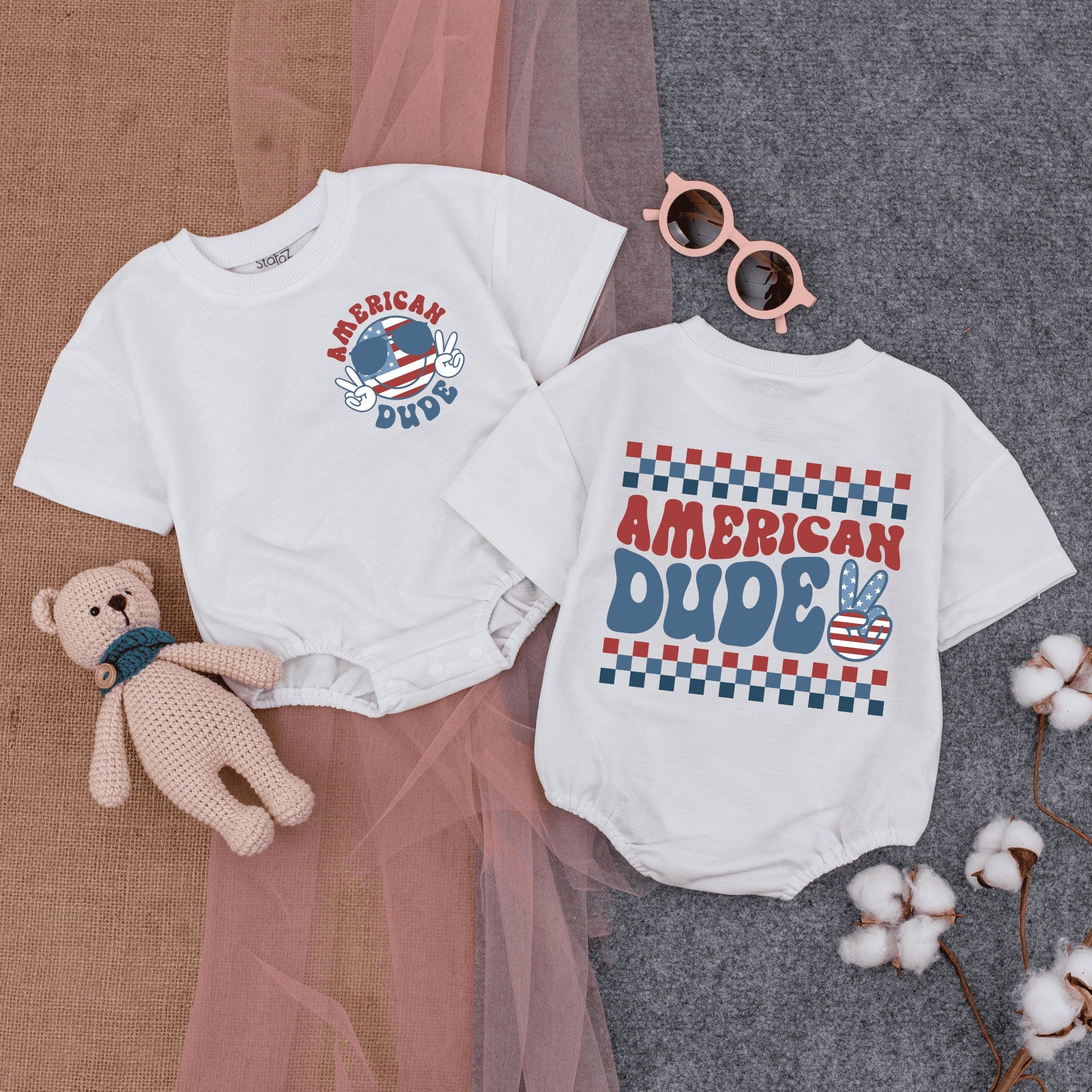 Retro American Dude Baby Romper - Perfect for July 4th Celebration