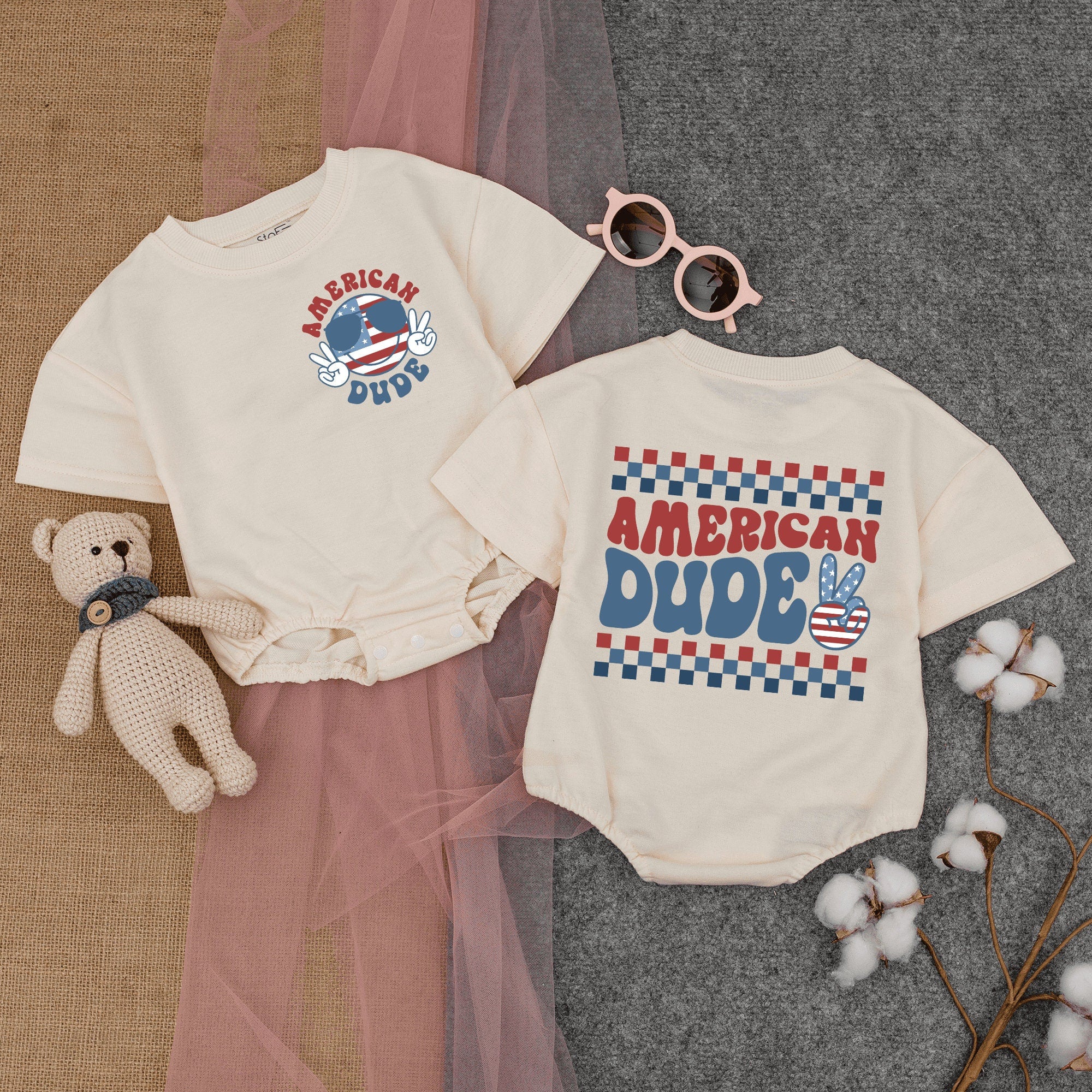 Retro American Dude Baby Romper - Perfect for July 4th Celebration