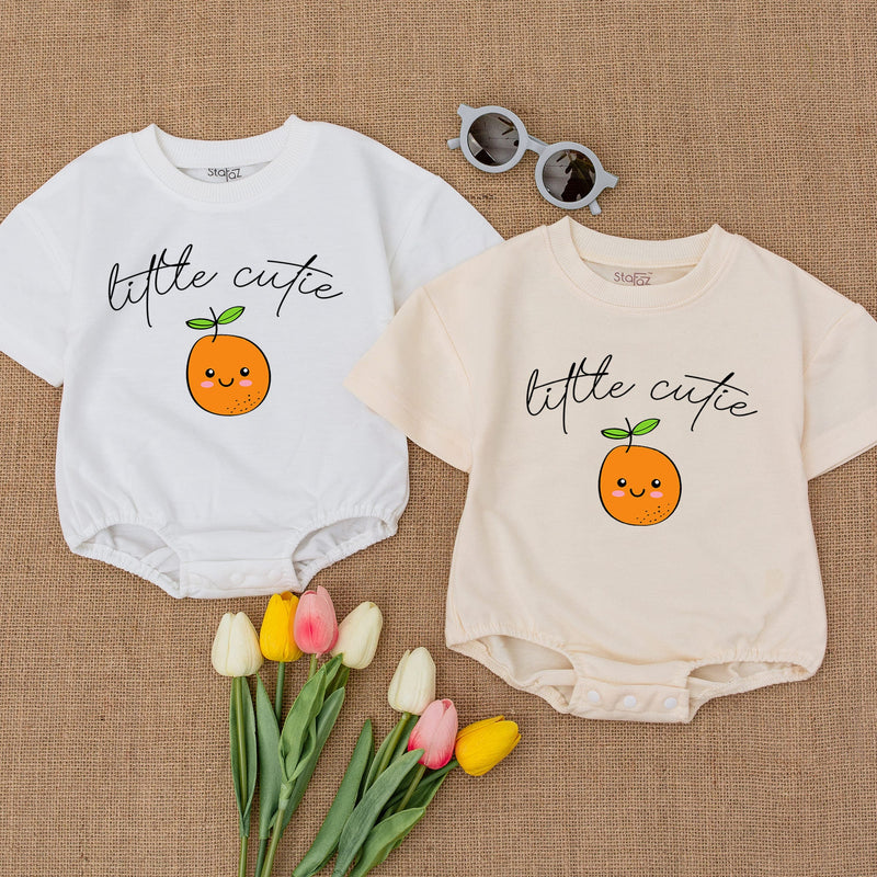 Little Cutie Baby Romper with Smiling Orange Face Comfortable Cotton Outfit for Baby Showers or Casual Wear Bright Fruit Design