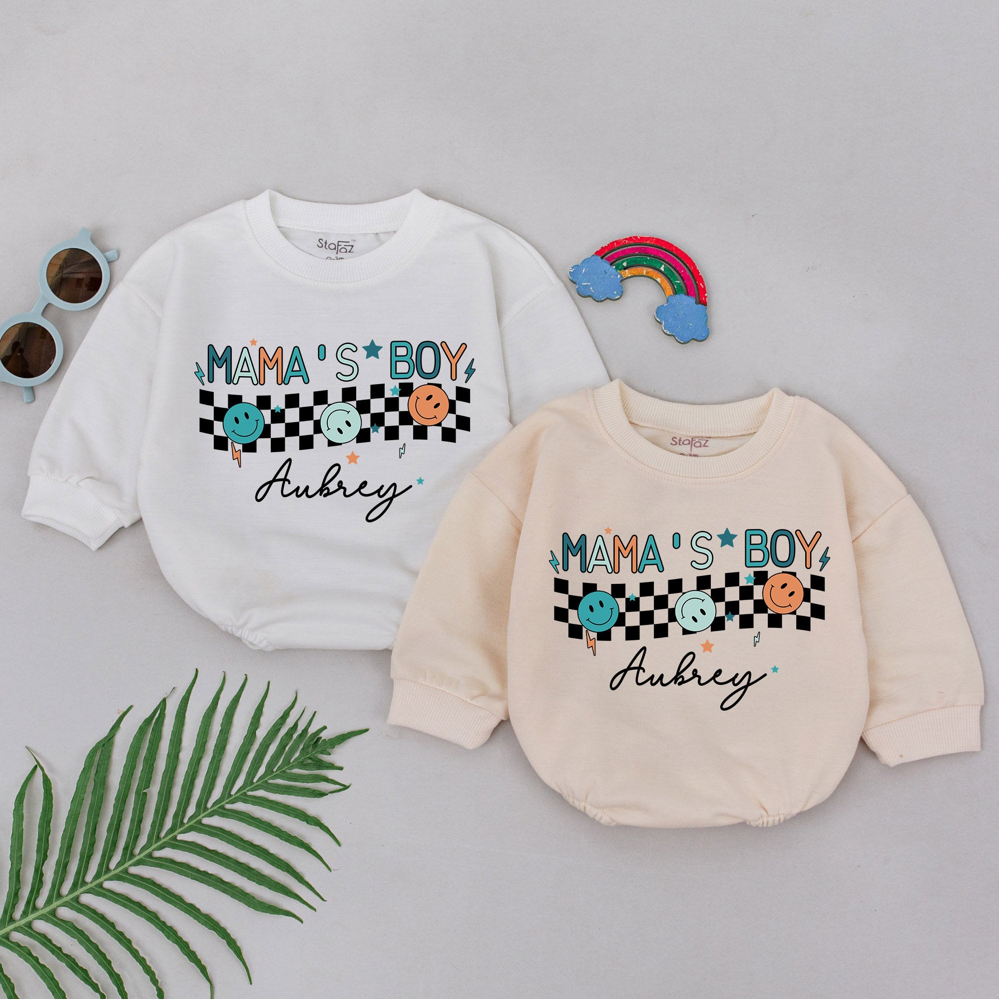 Personalized Mama's Boy Romper Retro Style Baby Outfit with Teal and Orange Smiley Faces Perfect Gift for Newborn Son Mother's Day