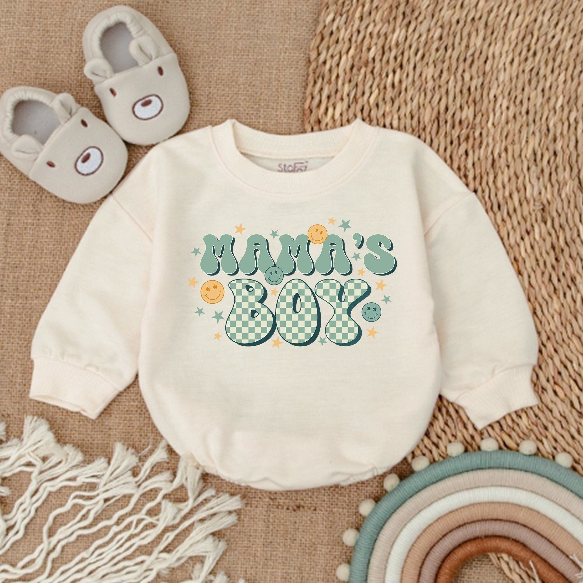 Mama's Boy Romper with Checkered Green Retro Style Stars Gift for Baby Boy Soft Playful Cotton Infant Outfit Birthday Casual